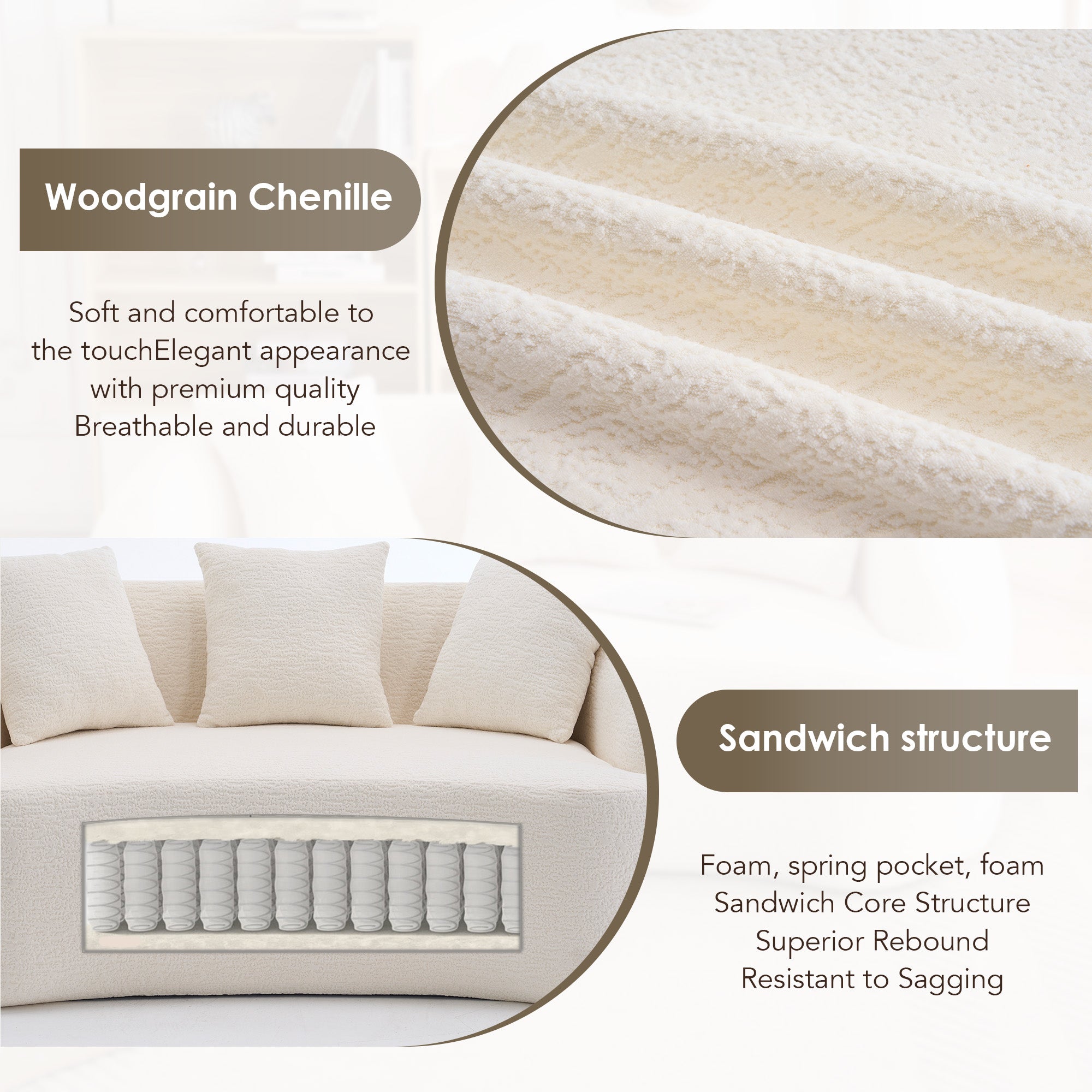 Curved Boneless Sofa Compression Modular 110'' Sectional White High-Density Couches Sleeper For Living Room Bedroom Apartment Lounge Chenille