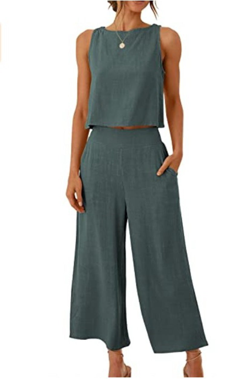 Sleeveless Vest Cropped Wide-leg Pants Suit