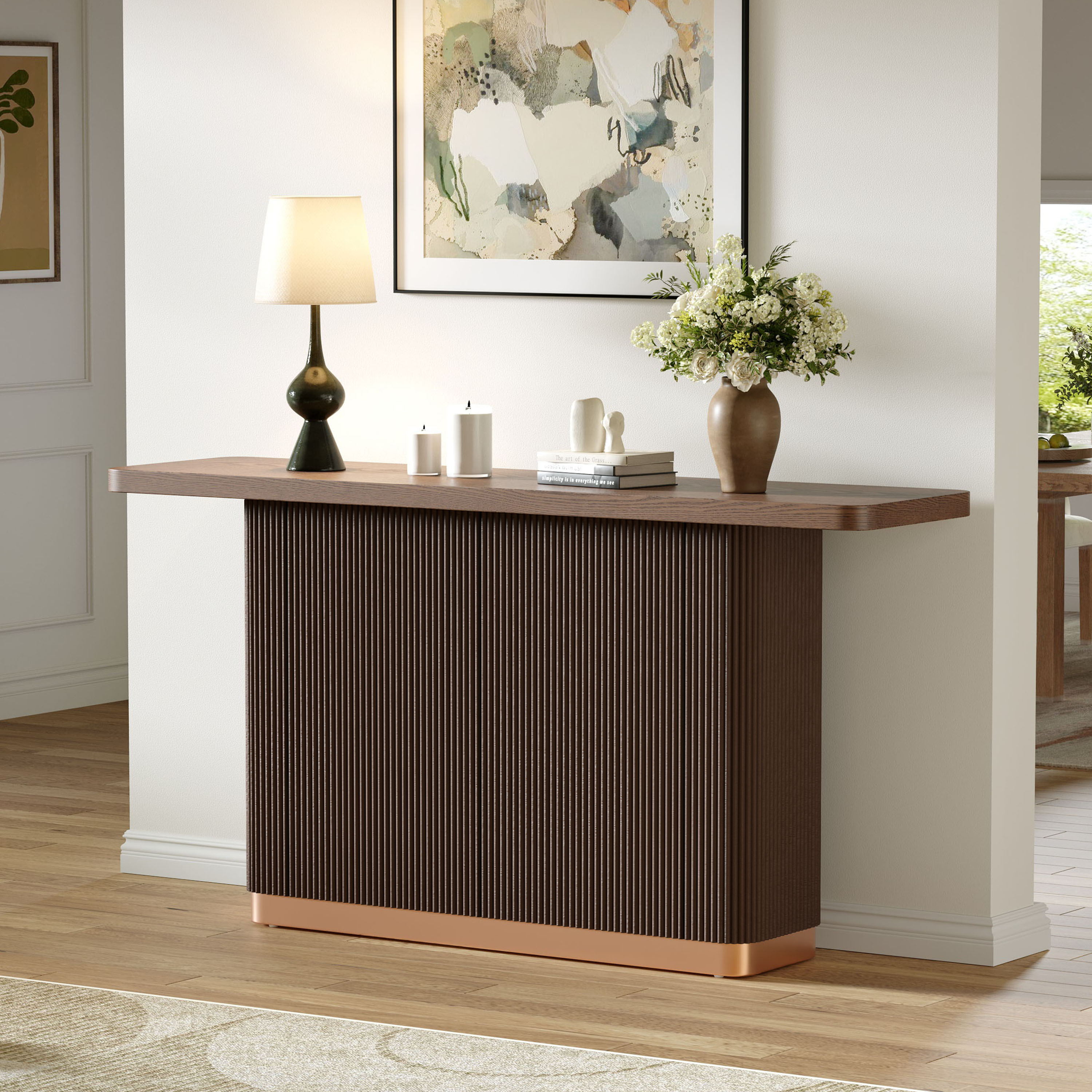 Console Table For Entryway, Ash Veneer Top, Fluted Base With Metal Accent, Modern Hallway Table