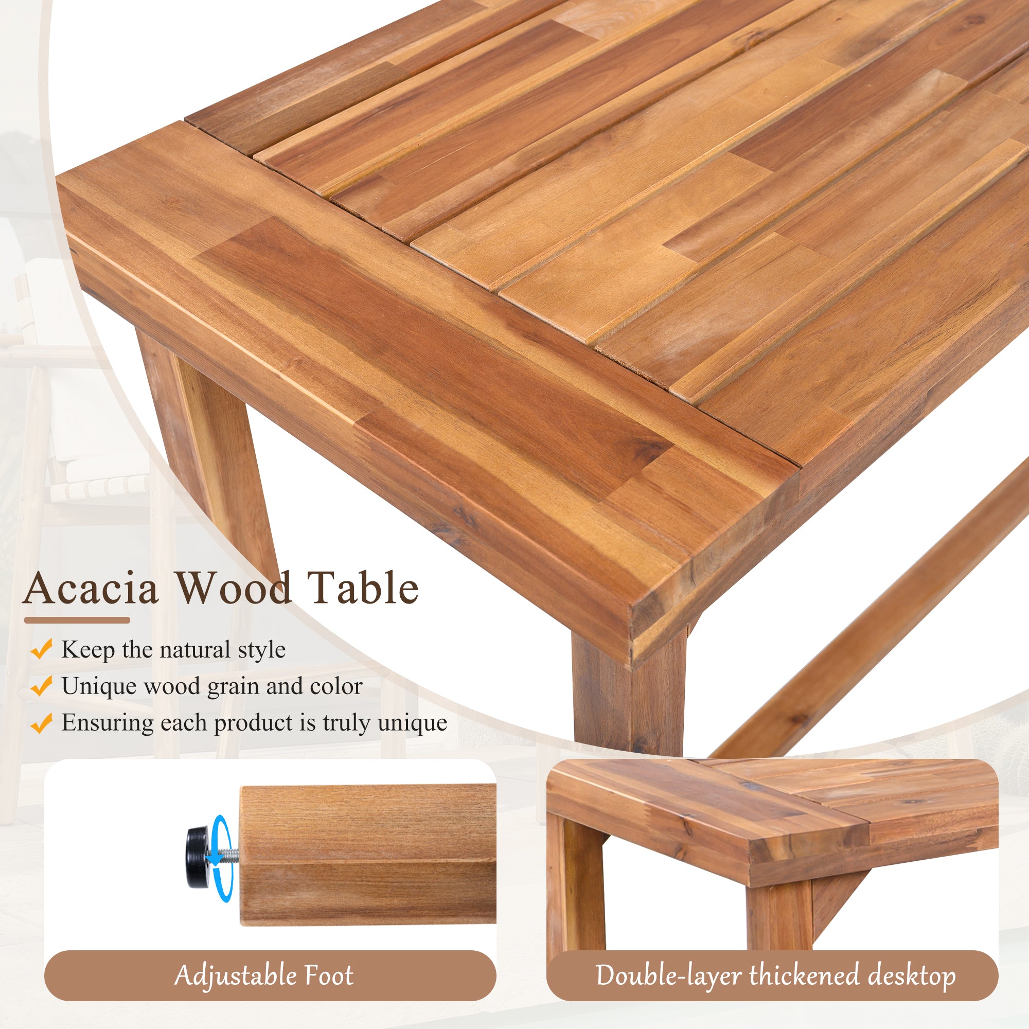 3 Piece Outdoor Bar Set, Patio Acacia Wood Bar Height Table & 2 Stools With Cushions, Wood Dining Bar Set For Backyard, Poolside, Balcony, Beige Cushions