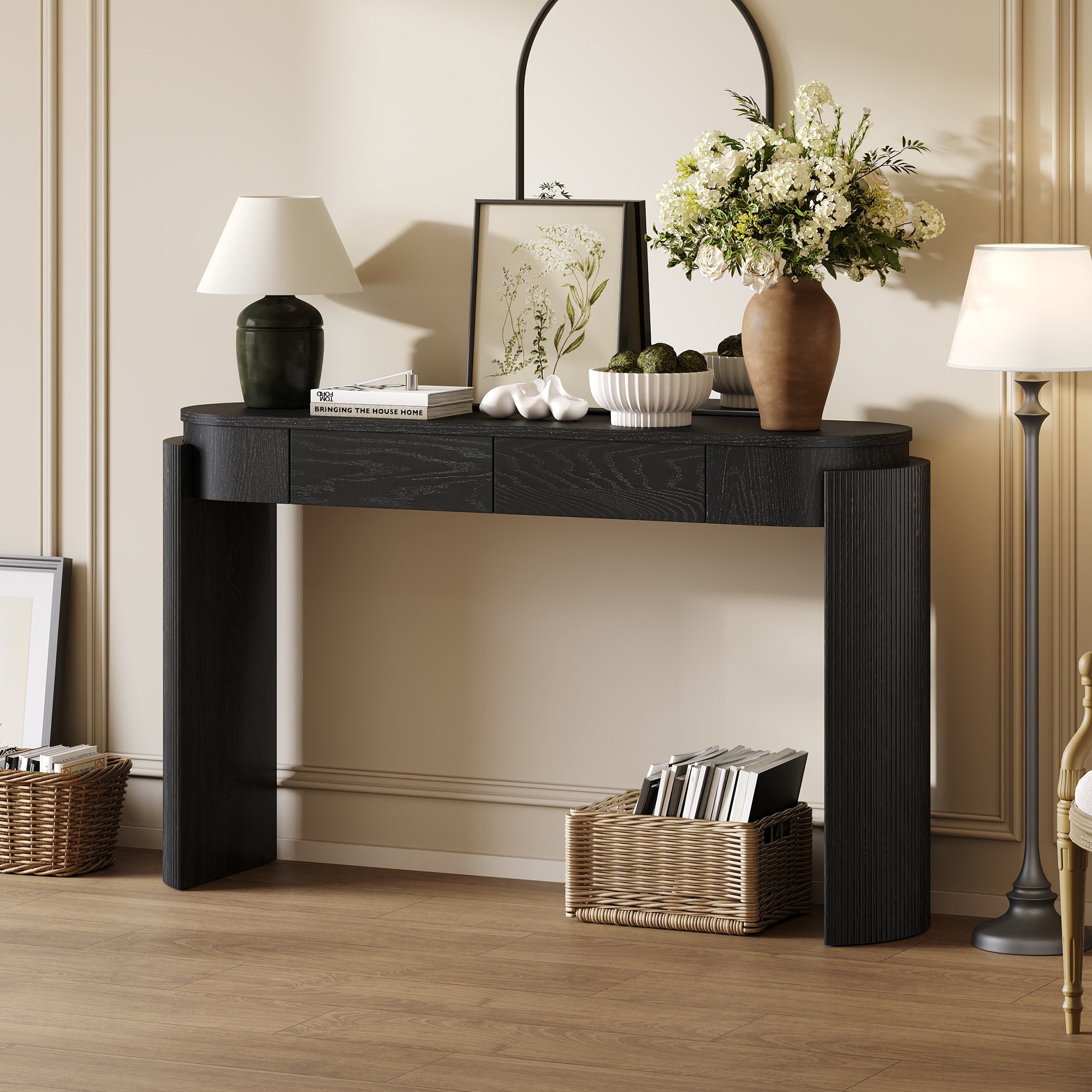 TREXM Entryway Table With Natural Wood Grain Finish  Console Table With Fluted Design  Oval Top And 2 Drawers For Entryway And Living Room  Black