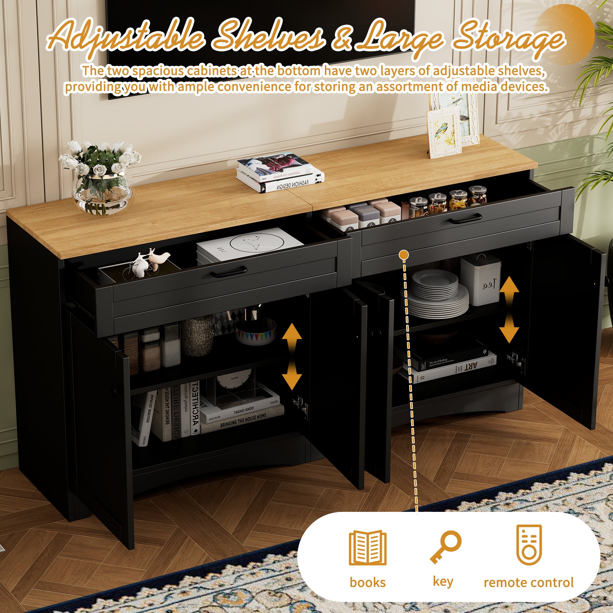 ON-TREND 3-Piece Farmhouse Entertainment Center With Storage Cabinet For TVs Up To 70, Mid-Century TV Stand With Bookshelf, Rustic Versatile Sideboard With Adjustable Shelves For Living Room, Black