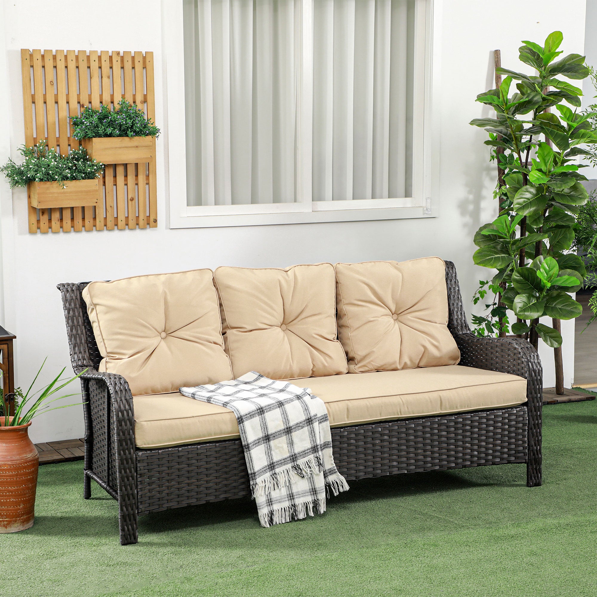 3-Seater Outdoor Sofa w/ 4" Thick Cushions, Outdoor Couch, Beige