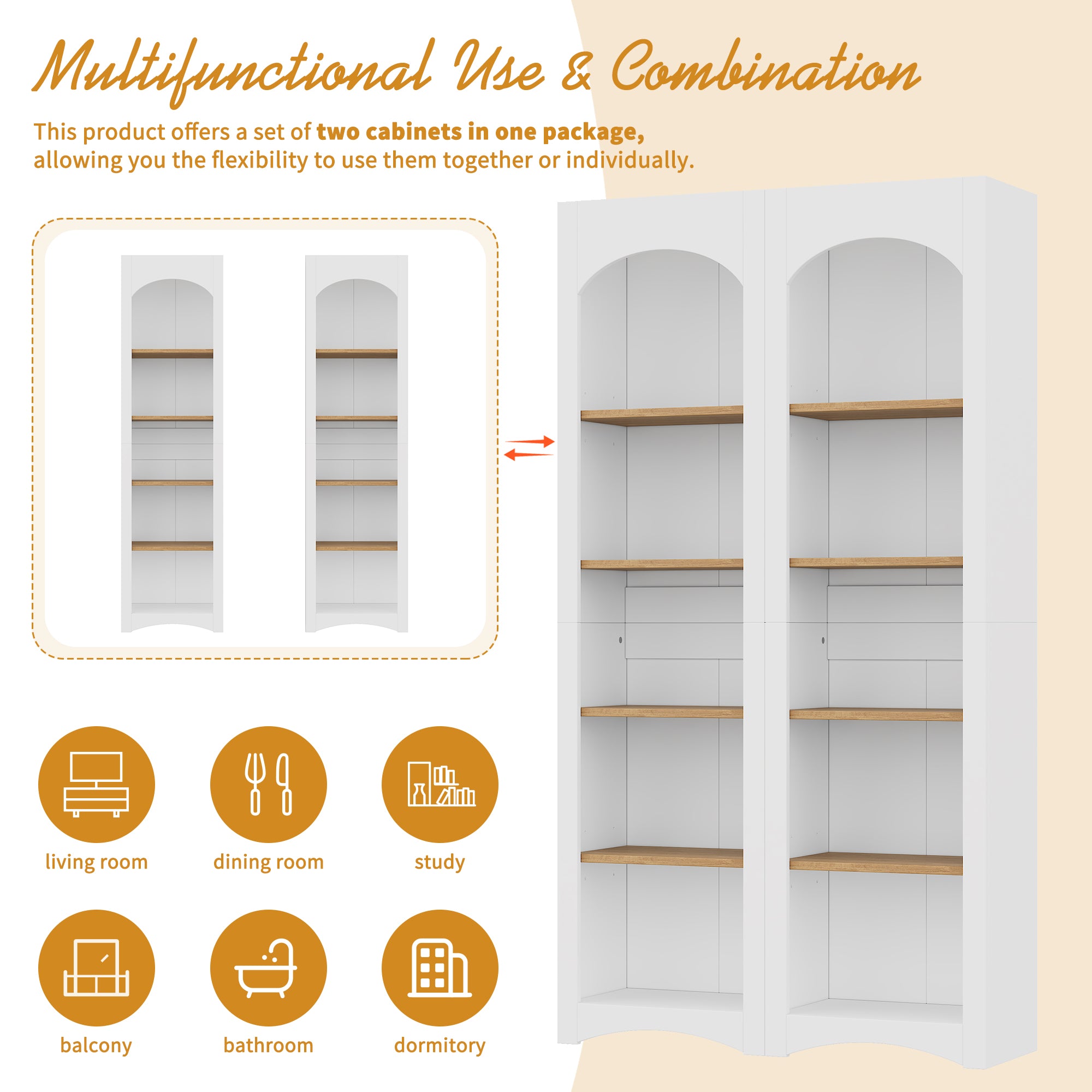 ON-TREND Free Standing 5 Tier Bookshelves, Bookcases Set Of 2, Farmhouse Two-Tone Storage Cabinet With Adjustable Shelves, Modern 72H Kitchen Pantry Cabinet For Living Room, Home Office, White