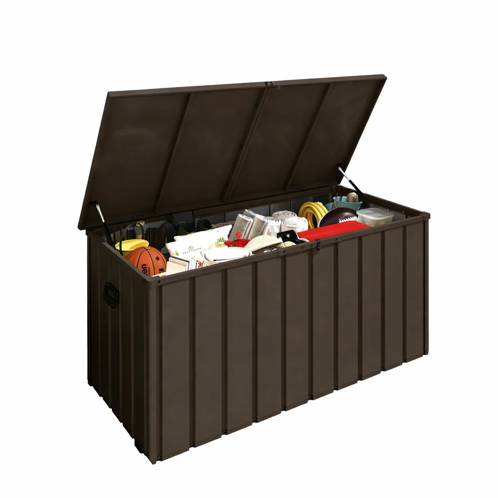 200 Gallon Metal Deck Box, Waterproof Outdoor Storage Box With Lockable Lid, Large Pool Storage Cabinet For Patio Furniture Garden Tools Pool-Supplies, Brown