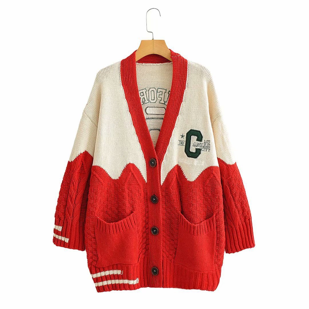 V-neck contrast letter cardigan sweater women