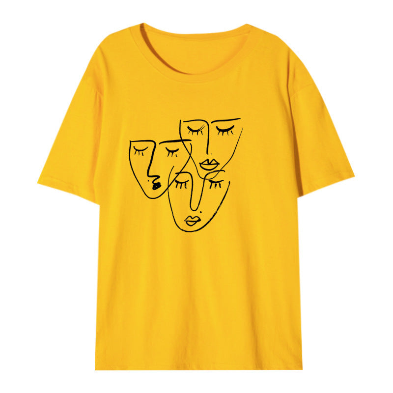 Women's Loose Printed T-shirt With Characteristic Line Face Mask