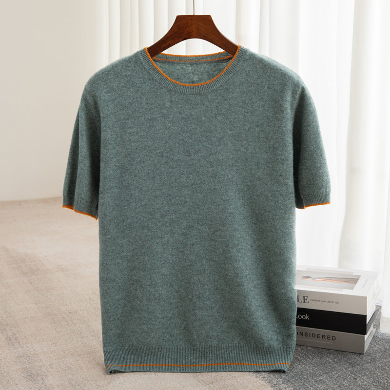 Pure Wool Half Sleeve Men's Color-block Crew Neck Knitted Short Sleeve