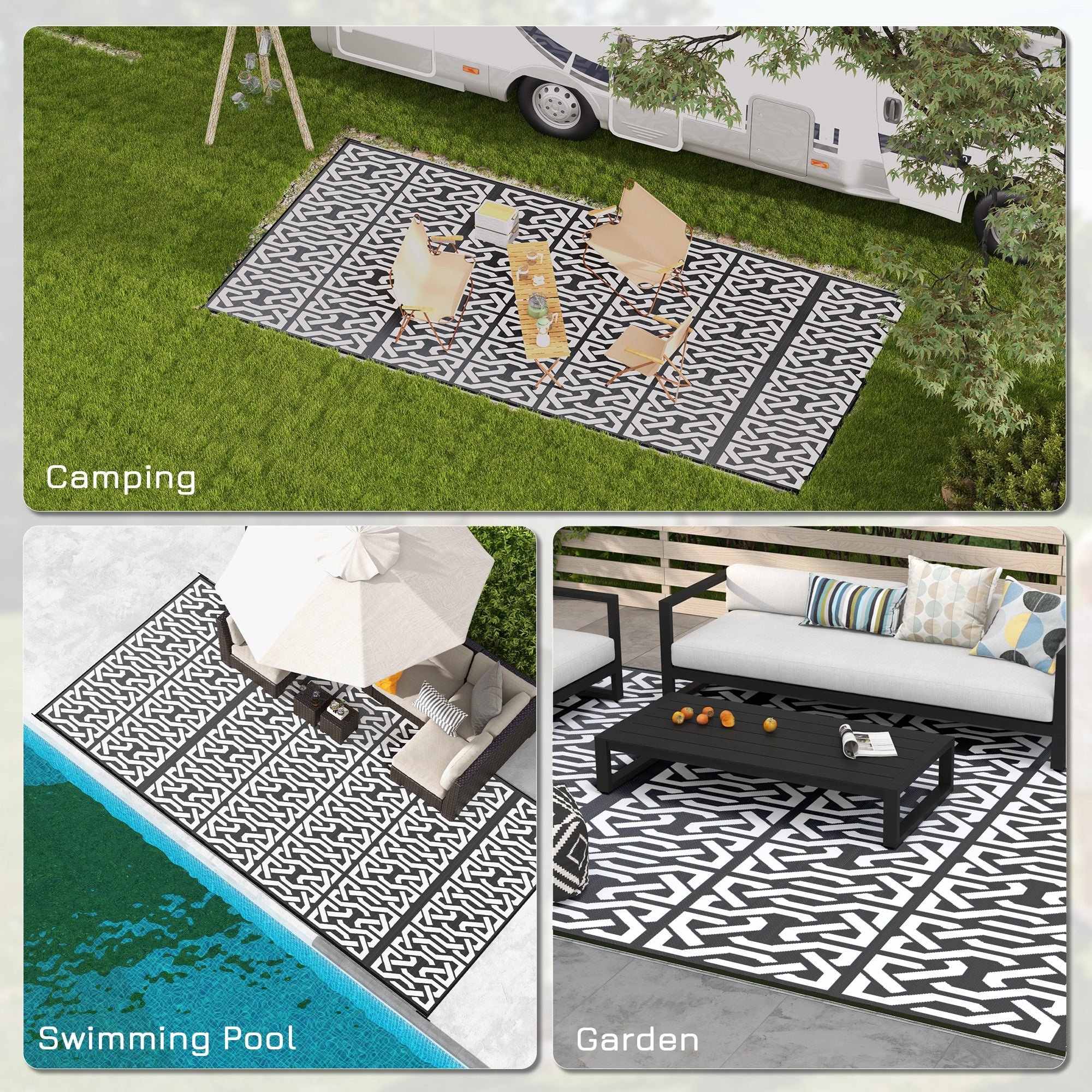 Reversible Outdoor Rug Carpet RV Camping Rugs with Carry Bag, 9' x 18', Black & White Chain