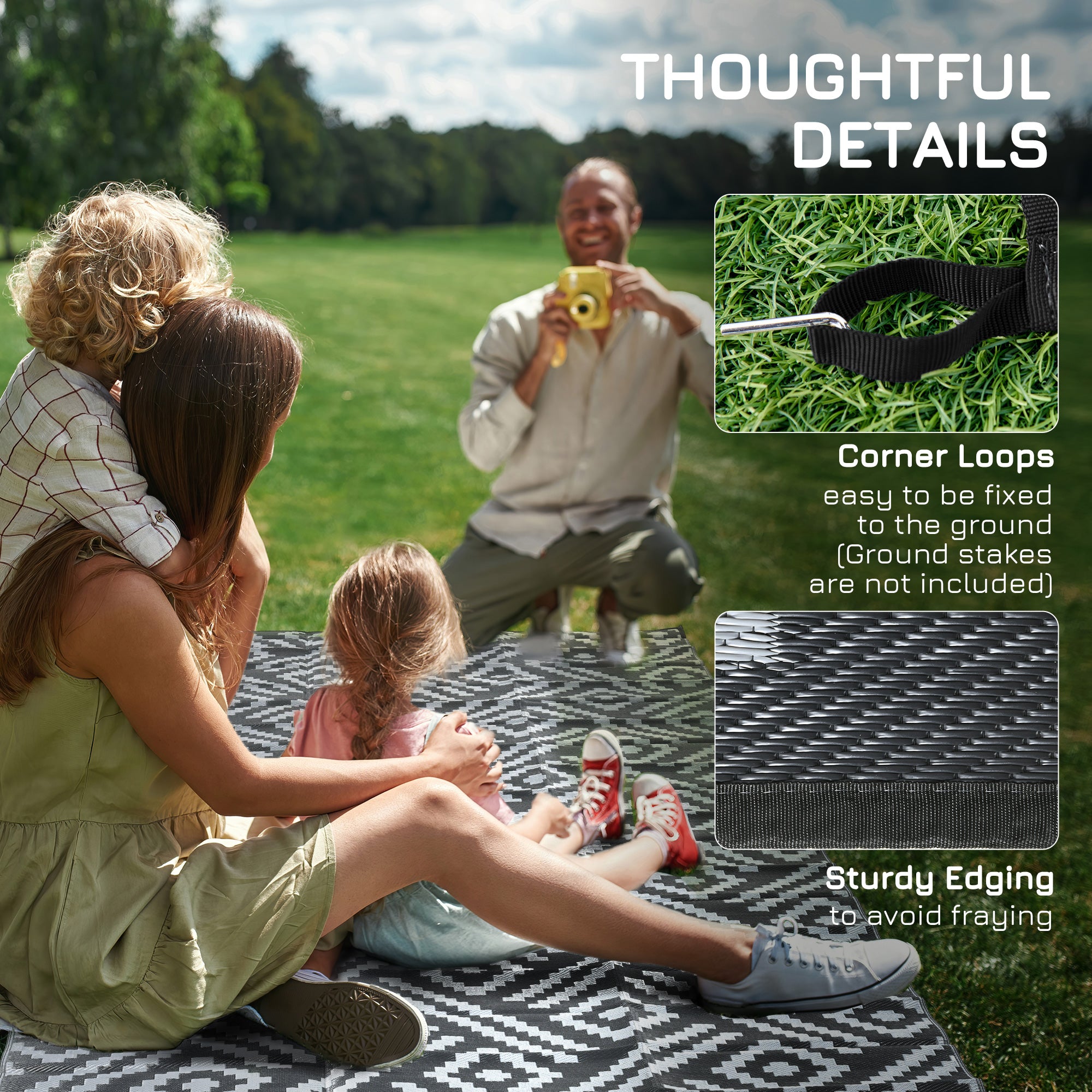 Reversible Outdoor Rug Carpet RV Camping Rugs with Carry Bag, 9' x 18', Black & Gray Geometric