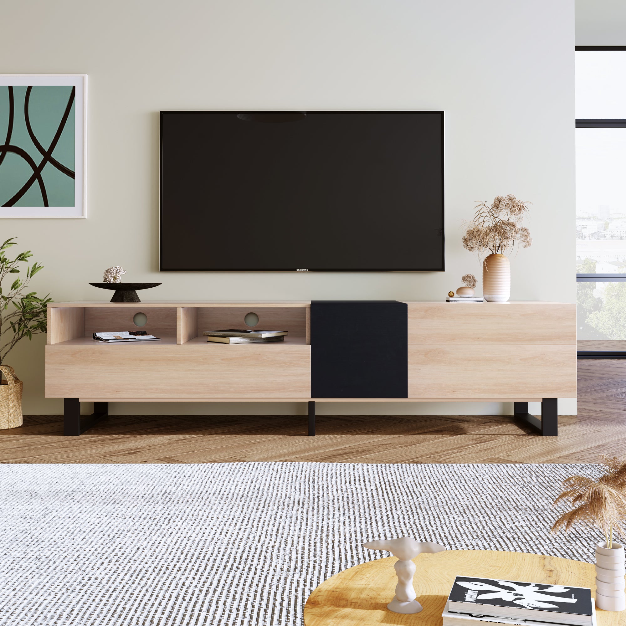 Modern TV Stand For 80'' TV With Double Storage Space, Media Console Table, Entertainment Center With Drop Down Door For Living Room, Bedroom, Home Theatre