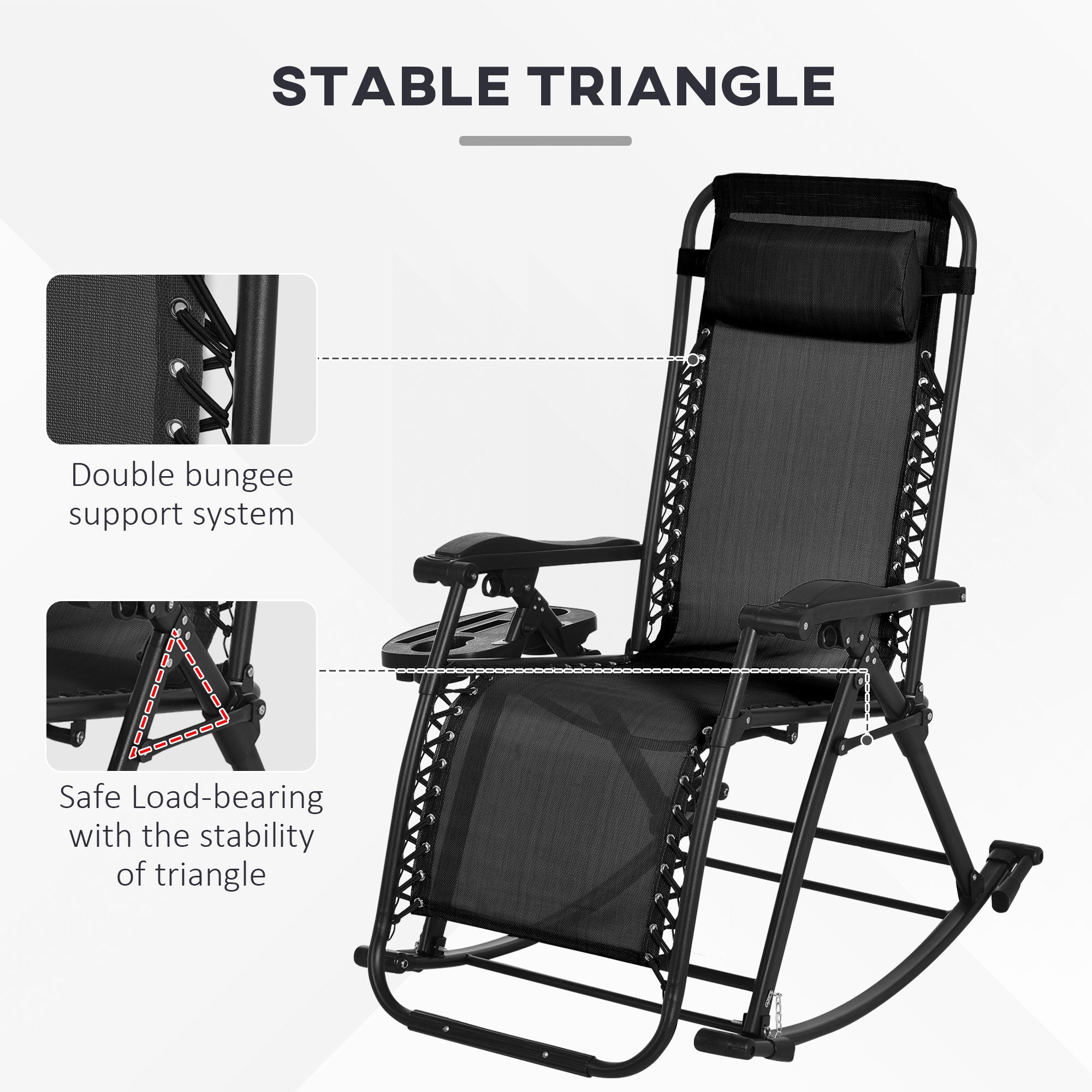 2 Outdoor Rocking Chairs Foldable Reclining Zero Gravity Lounge Rockers w/ Pillow Cup & Phone Holder, Black