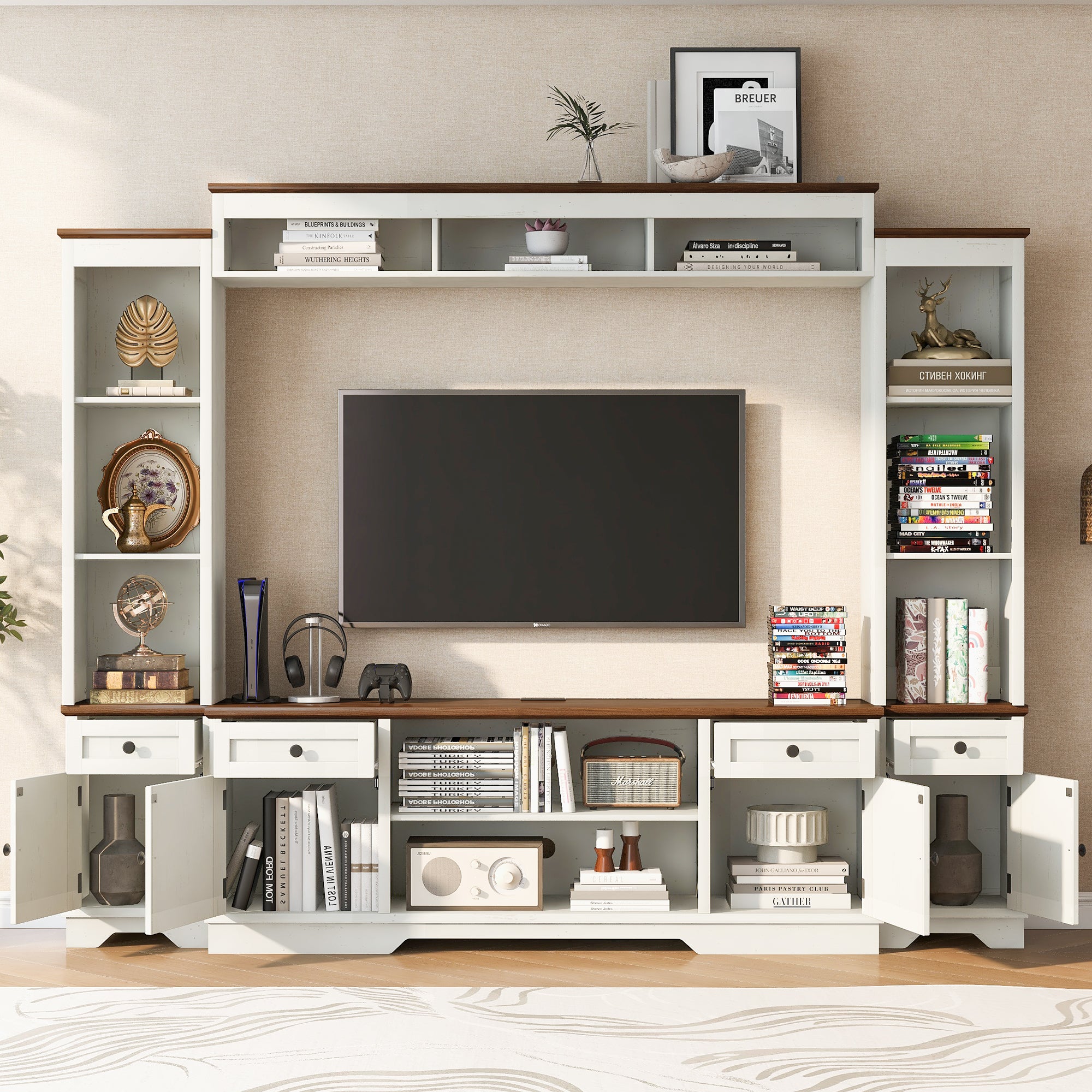 U-Can 98.8 W Wall Unit Entertainment Center With Bookshelves For TVs Up To 80, Modern TV Stand Media Console With Cabinets And Adjustable Shelves For Living Room