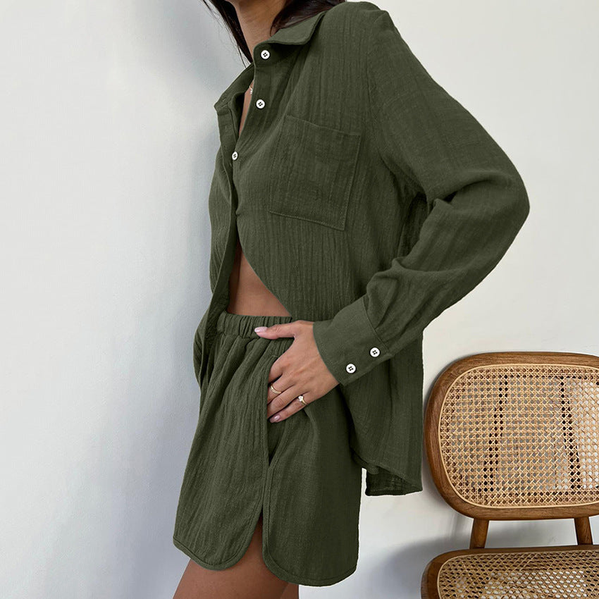 Pajamas Suit Loose Green Long-sleeved Shorts Women's Slub Cotton Home Wear