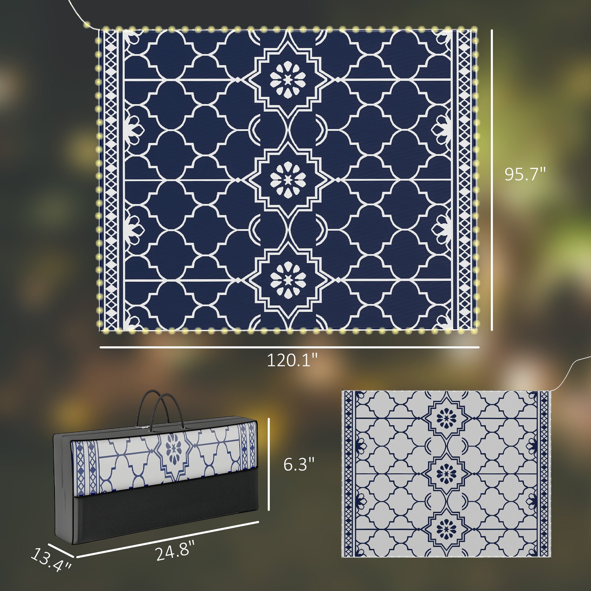Reversible Outdoor Rug Carpet with LED Lights, 10' x 8' PP Straw Rug with Carry Bag and Ground Stakes