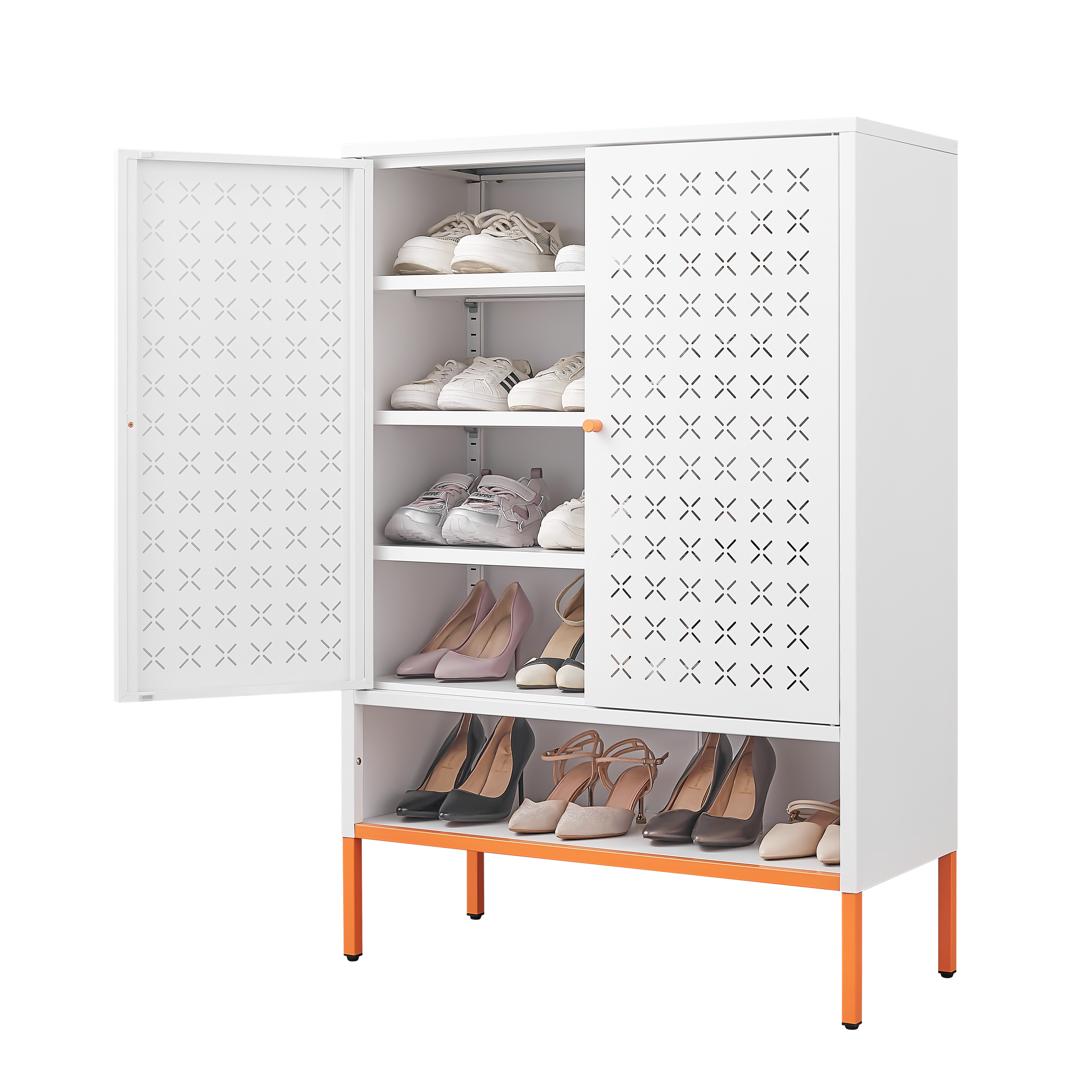 Grid Double Door Shoe Cabinet, Three Adjustable Compartments For Flexible Storage, Suspended Hollow Shoe Changing Compartment, Bottom 15cm Moisture-proof High Foot Design
