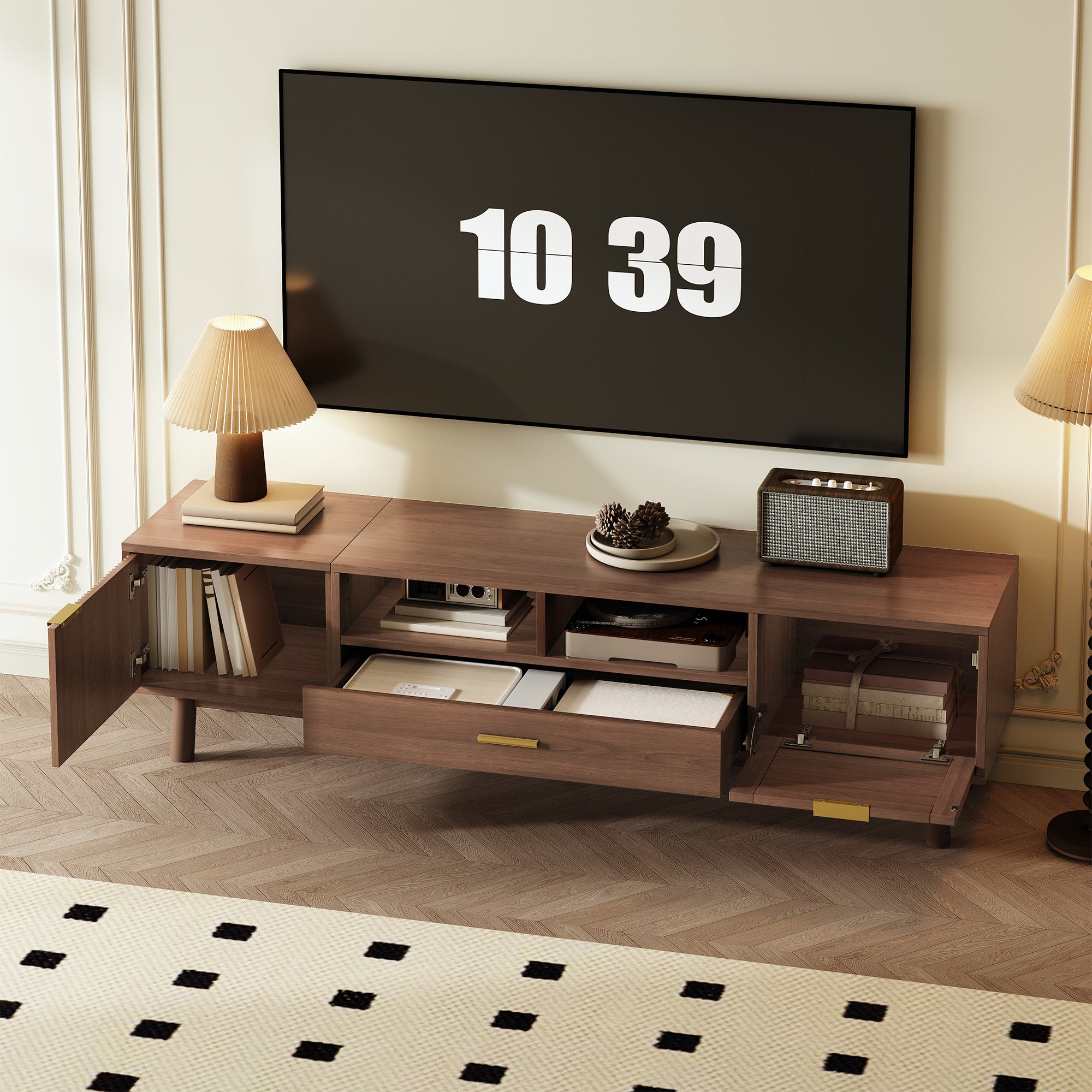 Wood Fashionable TV Stand For 75 TVs, TV Cabinet With Soft-Closing Door And Drop-Down Door Cabinet, Modern TV Consoles For Living Room, Bedroom