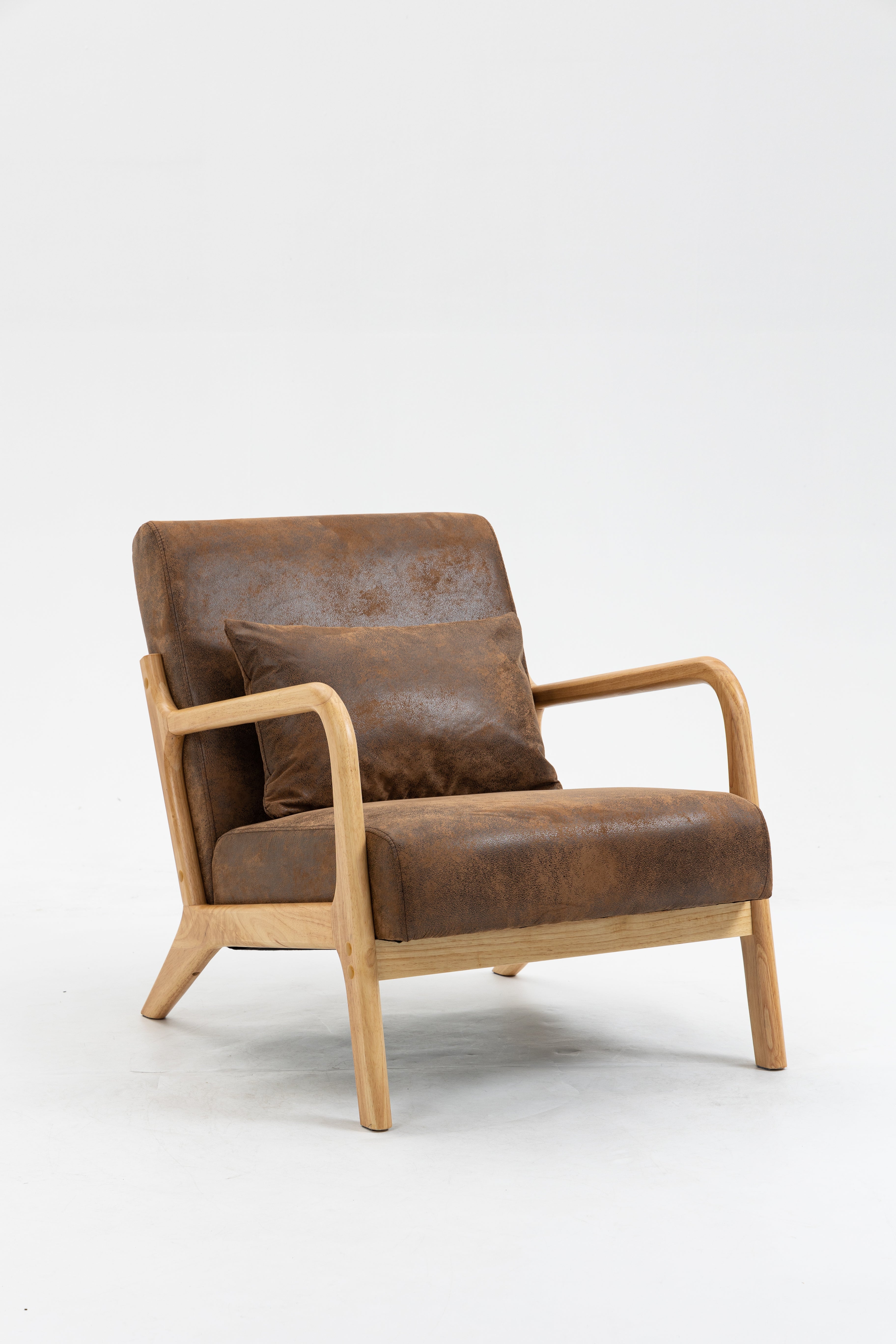 Mid Century Modern Accent Chair With Wood Frame, Upholstered Living Room Chairs With Waist Cushion, Reading Armchair For Bedroom Sunroom