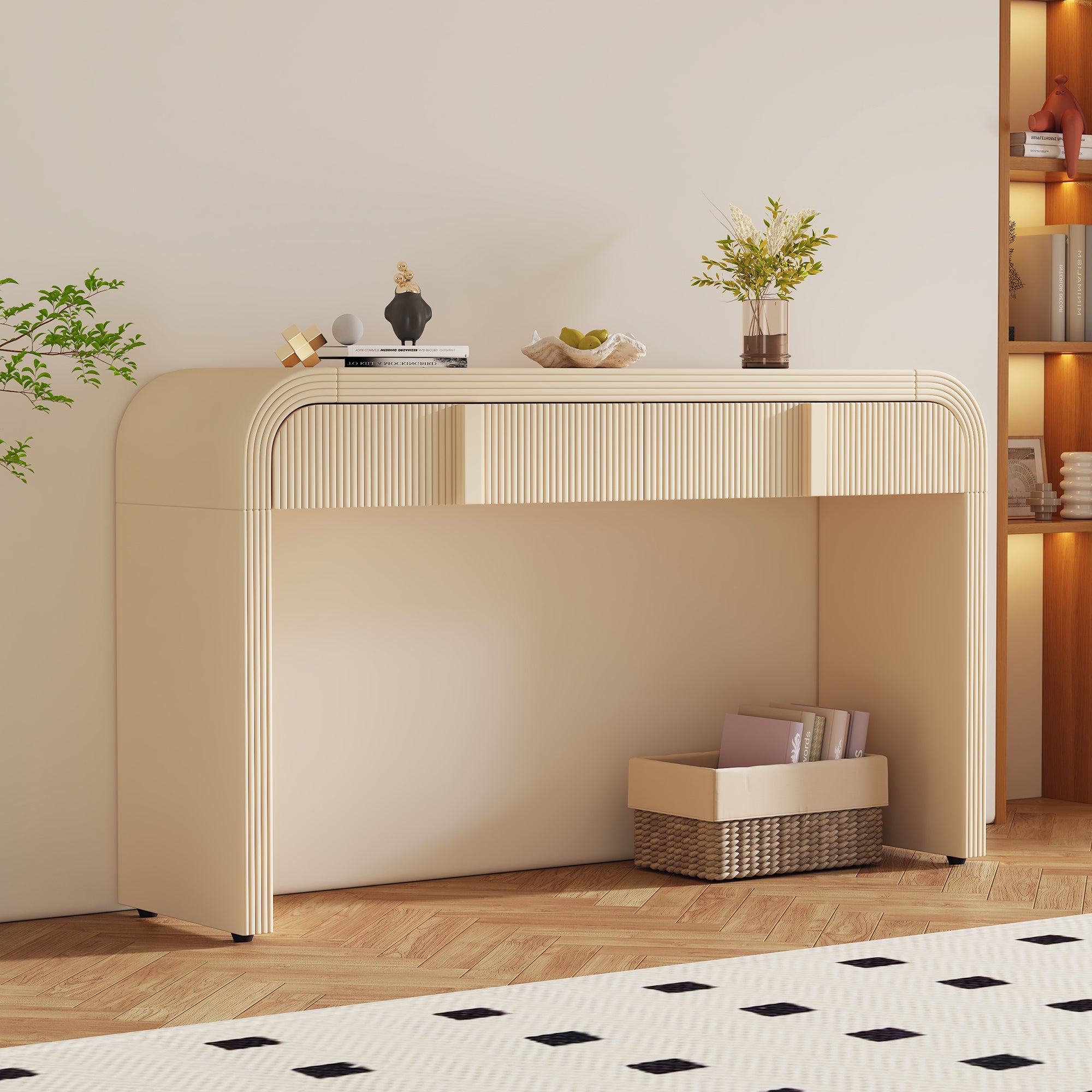 TREXM Modern Console Table With 2 Storage Drawers  Fluted Entryway Table With Rounded Silhouette For Hallway Living Room And Entryway  Apricot Cream