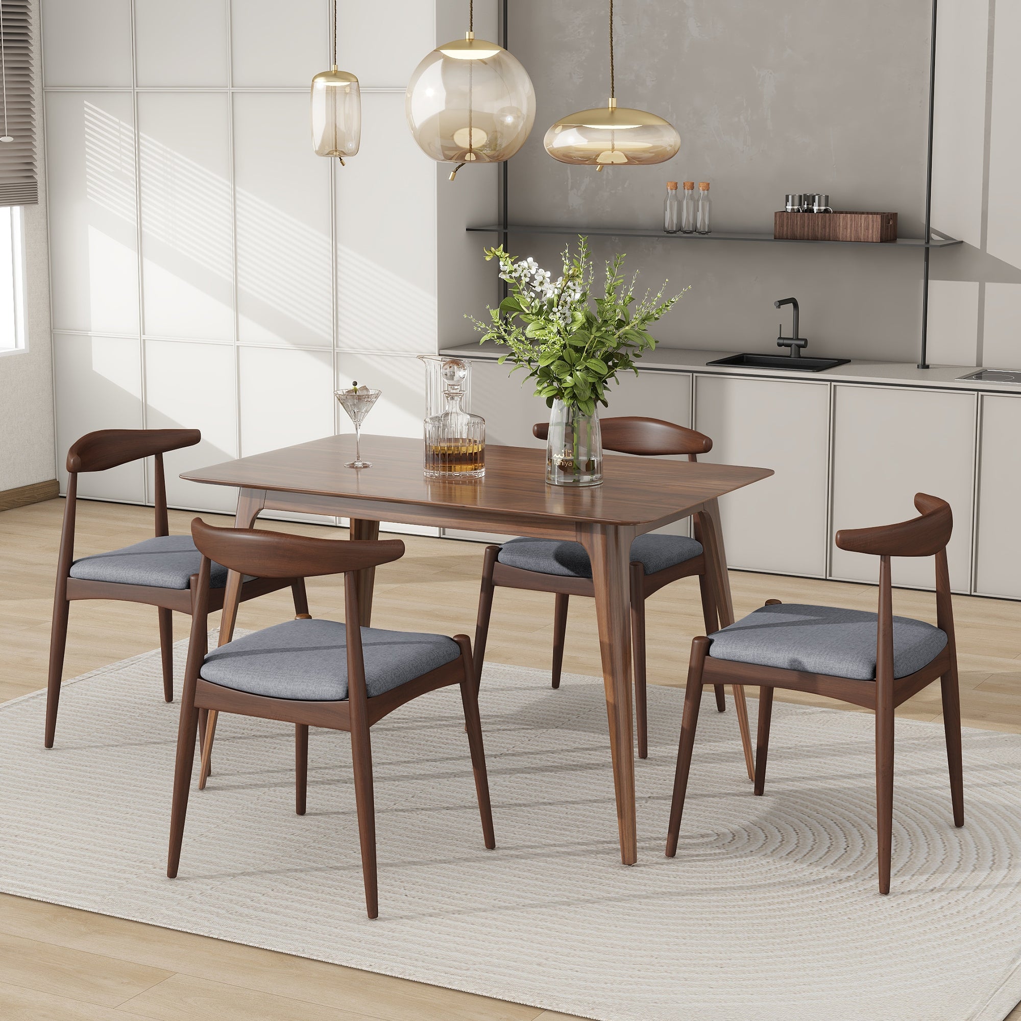 5-Piece Dining Set 1 Table 4 Chairs, Rubberwood Frame, Faux Wood Tabletop, Retro - Elegant For Kitchen & Family Dining, Walnut-Light Gray
