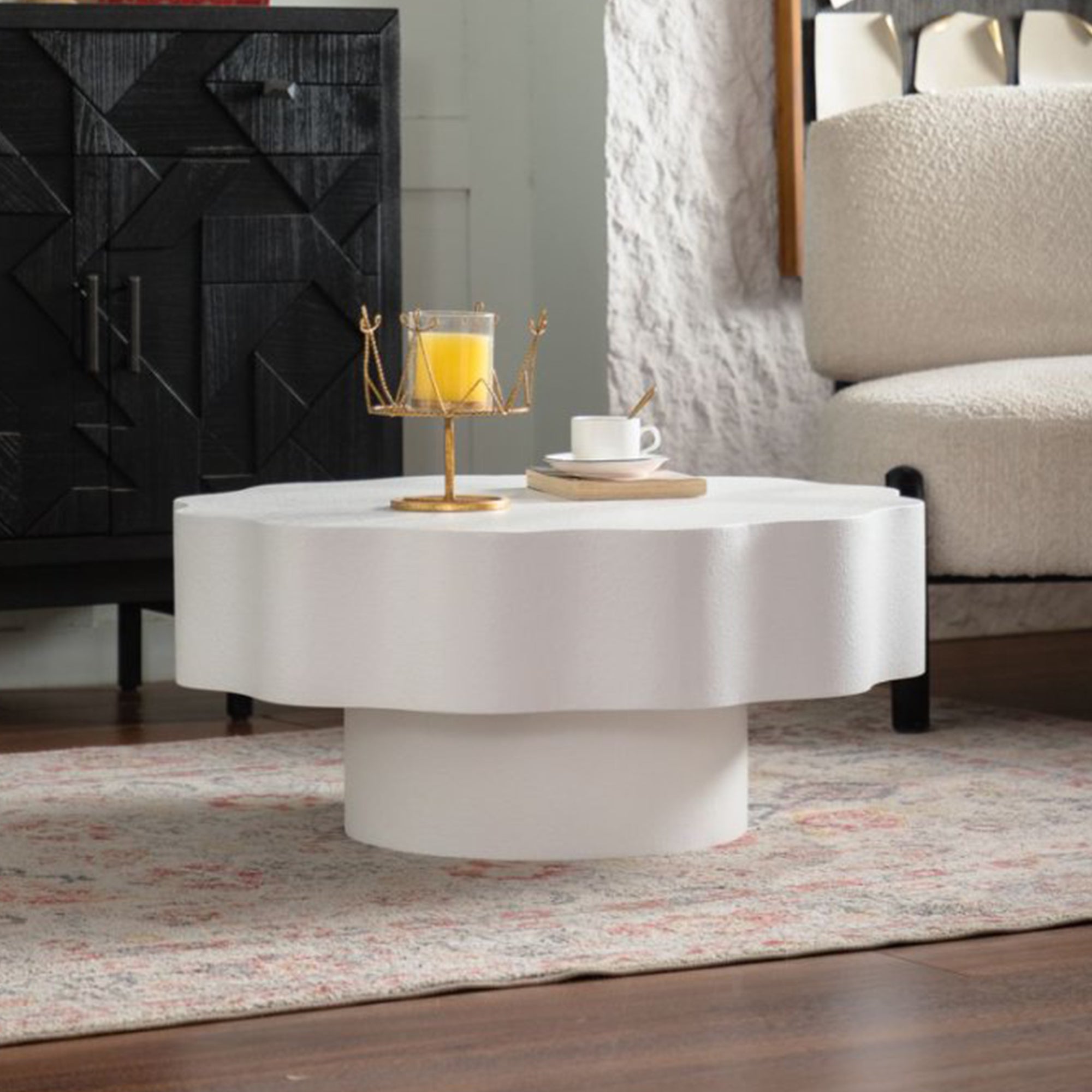 Scalloped White Coffee Table Unique Wave-Edge Shape, Elegant Focal Piece For Stylish Spaces.