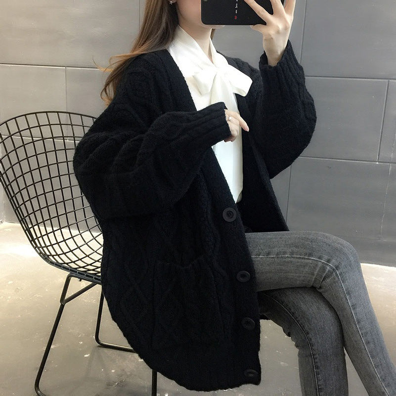 Fried Dough Twist Solid Color Sweater Coat Women Lazy Loose Knit Cardigan