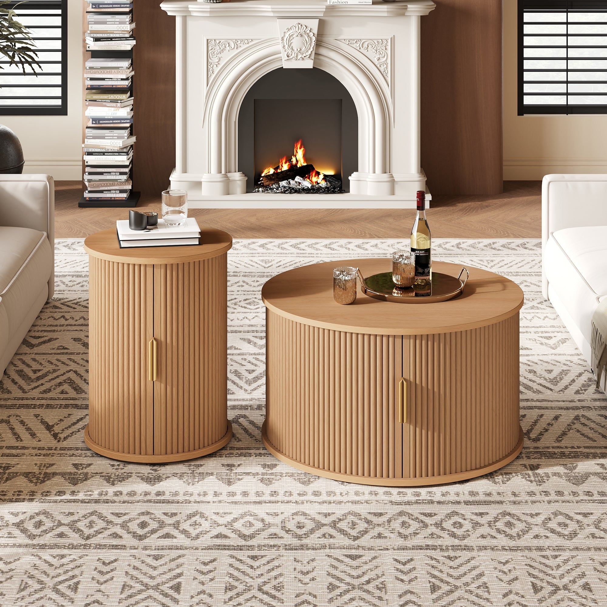 Mid-Century Coffee Table Set With Sliding Tambour Door, Round Fluted End Table With Storage, Golden Handle Tall & Low Side Table With Wooden Finish For Living Room, Set Of Two ,Natural