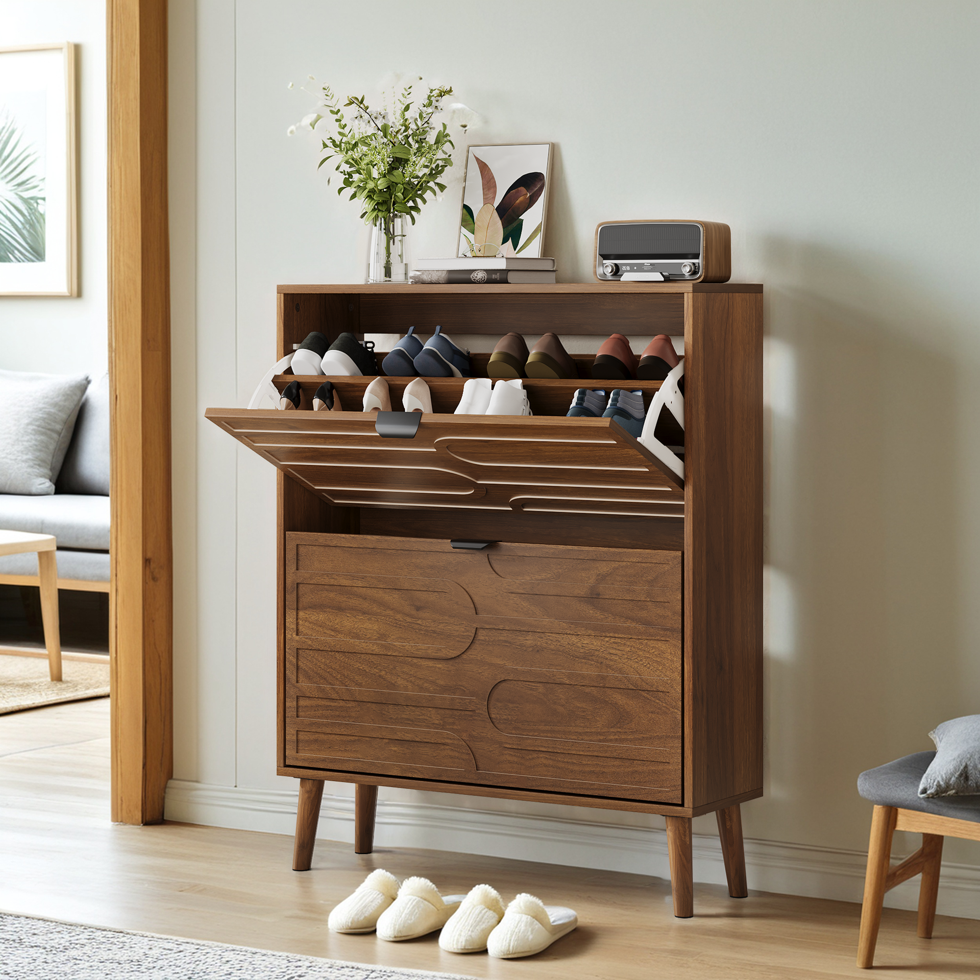 Medieval Modern Independent Shoe Cabinet, 31.5-inch Walnut Shoe Storage Cabinet,, Fence Shoe Cabinet With 2 Flip Drawers, Suitable For Corridors And Entrances