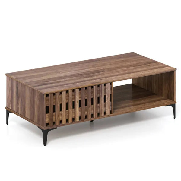 47 Inch Mid-Century Coffee Table With Storage Cabinets & Open Compartment, Walnut Wooden Look Accent Table With Heavy-Duty Metal Legs For Living Room
