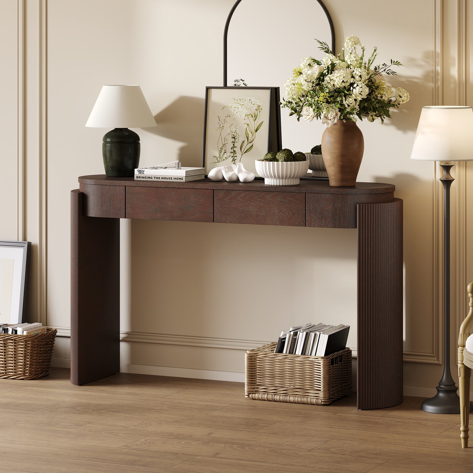 TREXM Entryway Table With Natural Wood Grain Finish  Console Table With Fluted Design  Oval Top And 2 Drawers For Entryway And Living Room  Espresso