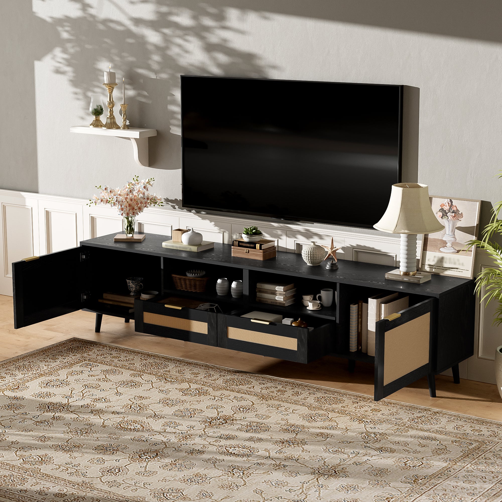 Rattan TV Stand For TVs Up To 85'', Modern Farmhouse Media Console, Entertainment Center With Solid Wood Legs, TV Cabinet For Living Room,Home Theatre