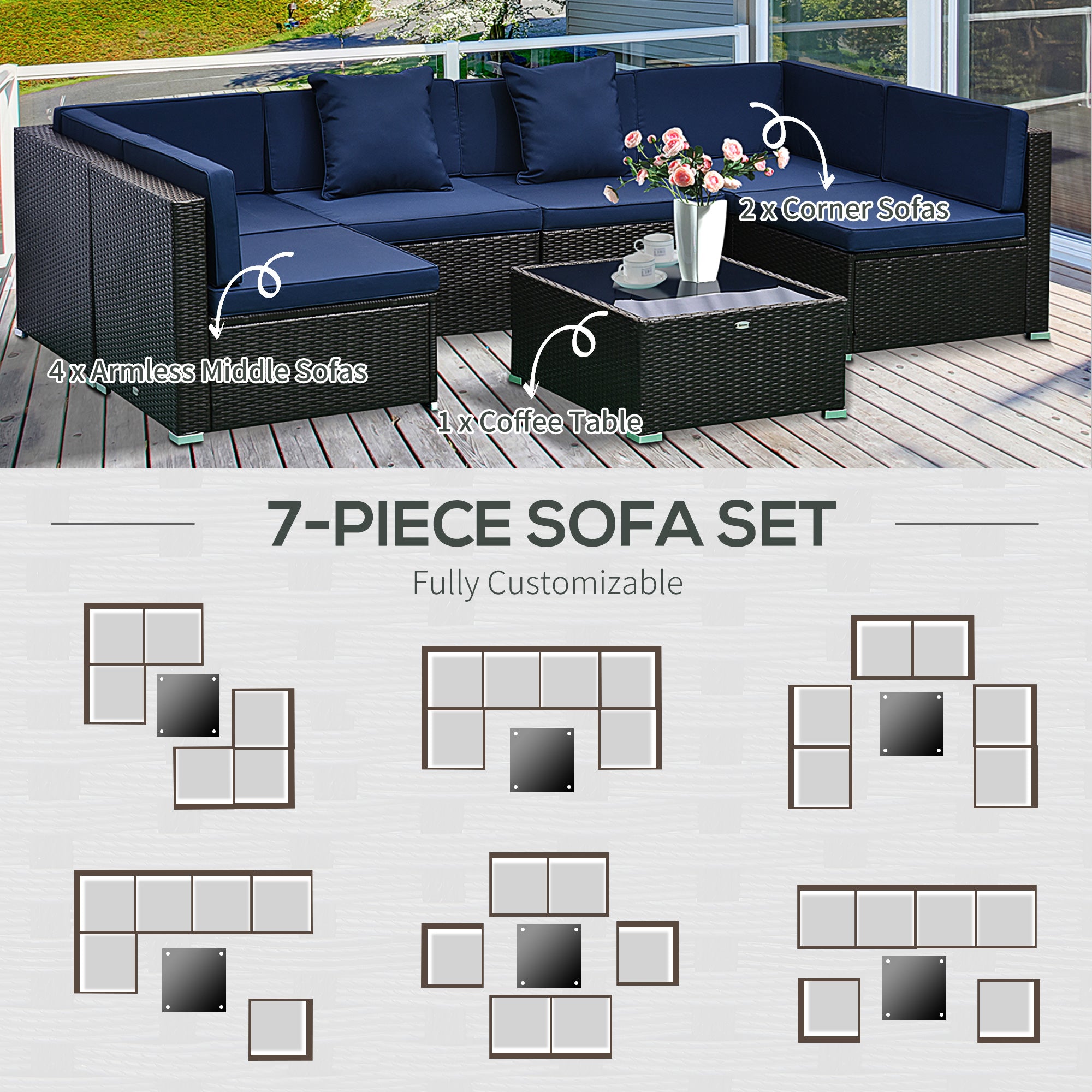 7-Piece Outdoor Wicker Patio Set, Tempered Glass Coffee Table, Cushions, for Family Backyard, Dark Blue