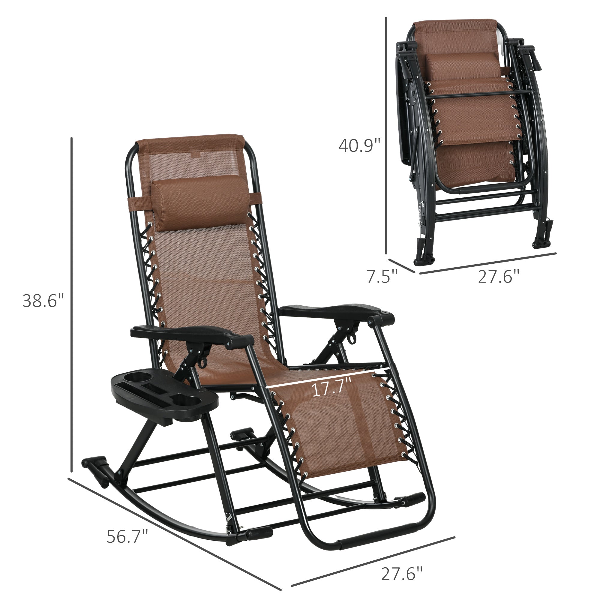 2 Outdoor Rocking Chairs Foldable Reclining Zero Gravity Lounge Rockers w/ Pillow Cup & Phone Holder, Brown