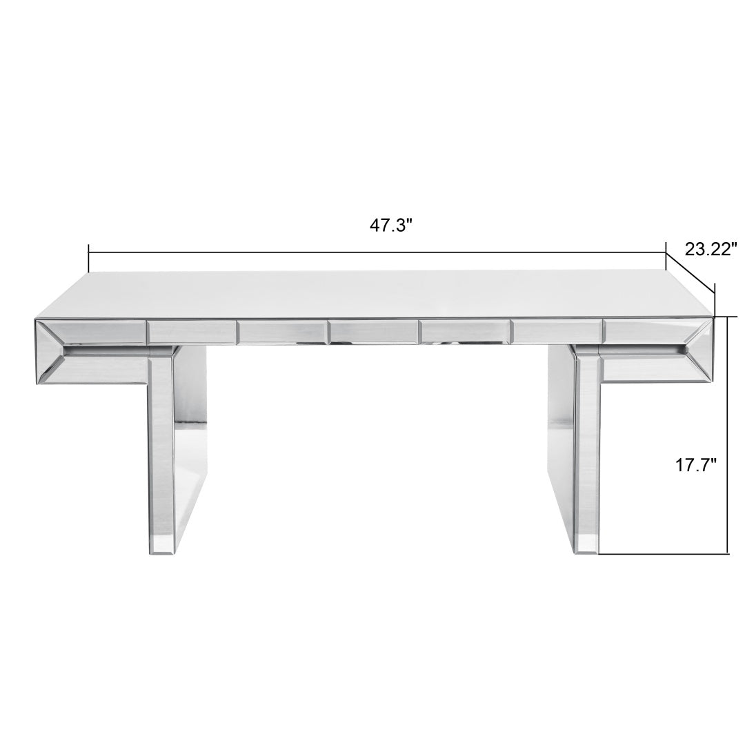 47 Inches Luxury Rectangular Mirror Coffee Table With Fluted Tempered Glass, Modern Sofa Side Table, Easy 2-Step Assembly, Light Luxury Style, Reinforced Packaging