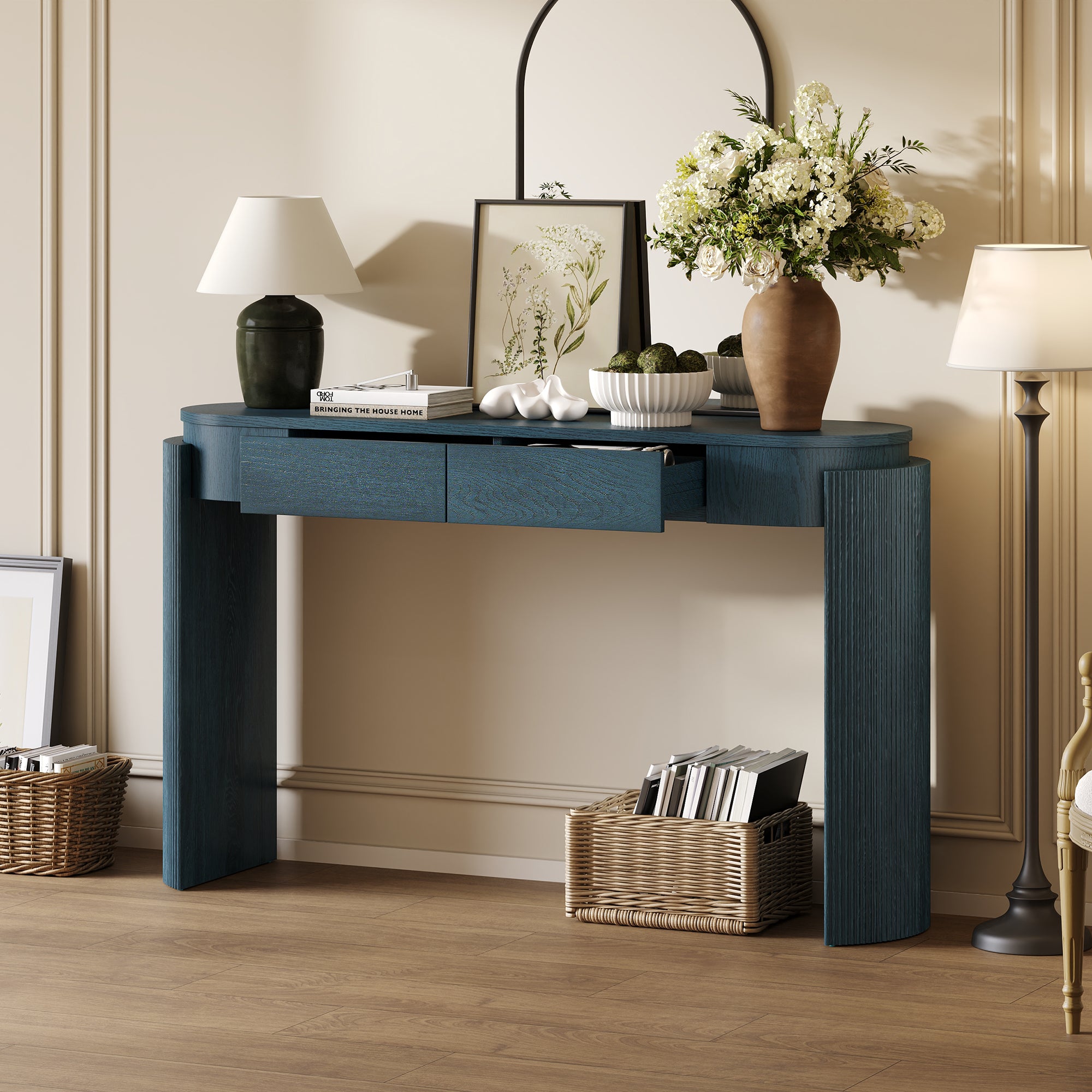 TREXM Entryway Table With Natural Wood Grain Finish  Console Table With Fluted Design  Oval Top And 2 Drawers For Entryway And Living Room  Navy