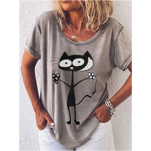 Cat Pattern Women's Clothing Summer V-neck Short Sleeve T-shirt Women Harajuku Street Shirt