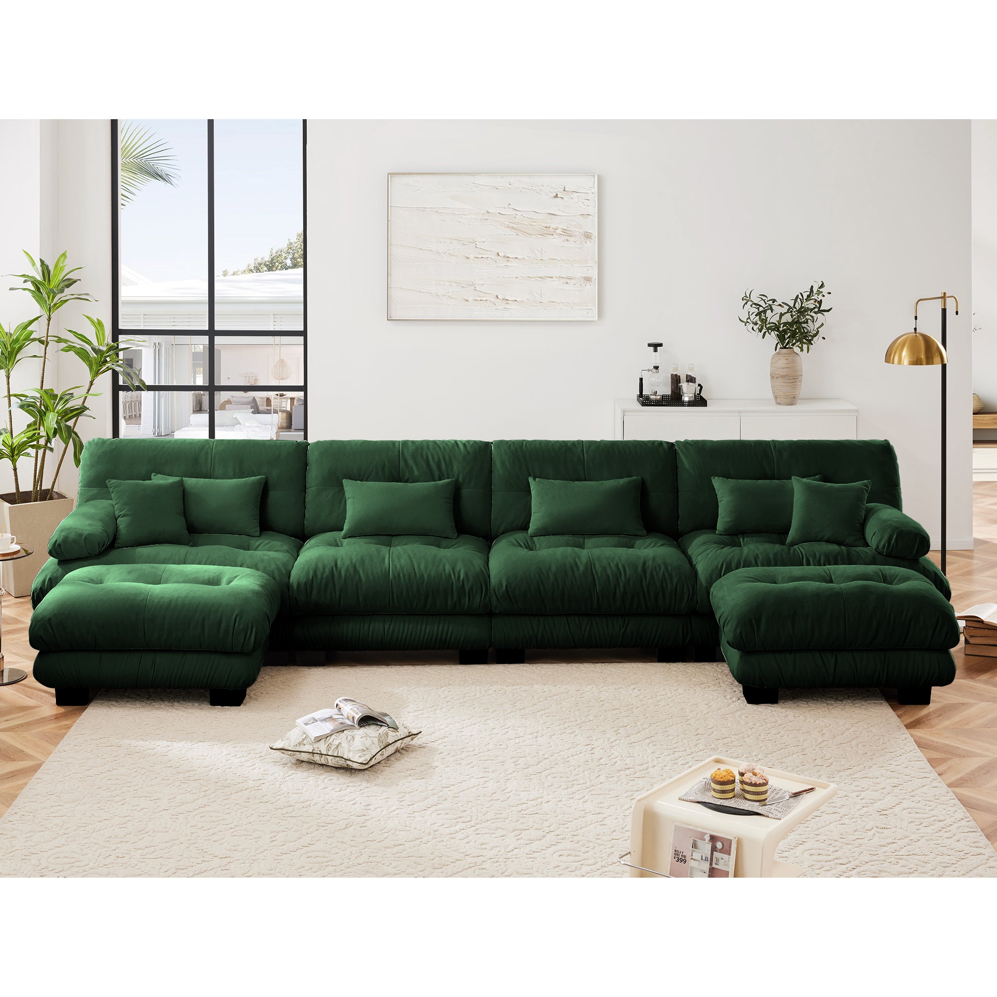 Free Combination Modular Sectional Sofa,U Shaped Couch For Living Room, 4-Seater Comfy Cloud Couch With 2 Ottomans, Chenille Green