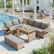 TOMAx 5- Piece Outdoor Patio Rattan Sofa Set  Sectional PE Wicker L- Shaped Garden Furniture Set With 2 Extendable Side Tables  Dining Table And Washable Covers For Backyard  Poolside  Indoor  Brown