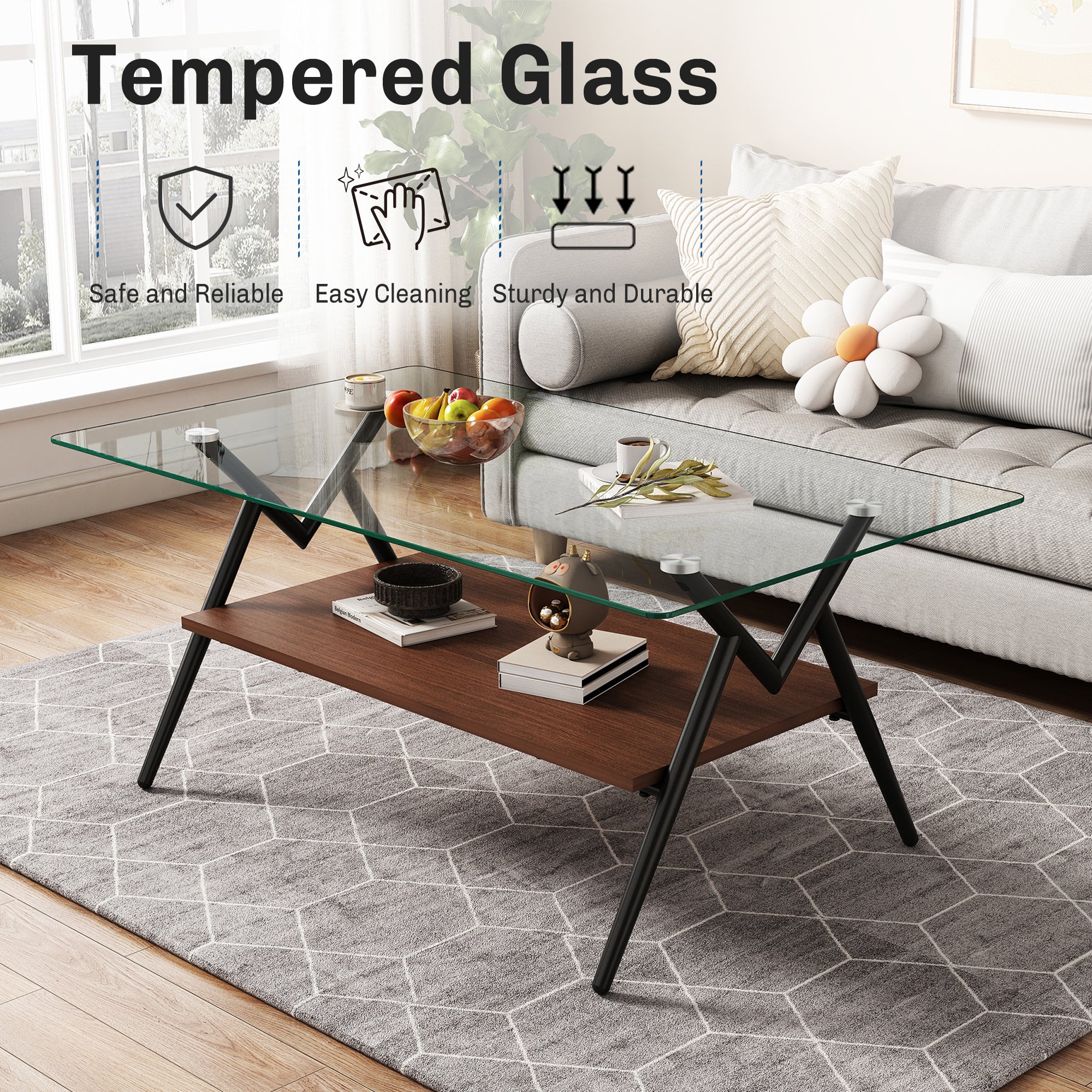 Coffee Table And End Tables Set Of 3, Tempered Glass Table With MDF Layer, Modern Tables For Living Room , Transparent Glass