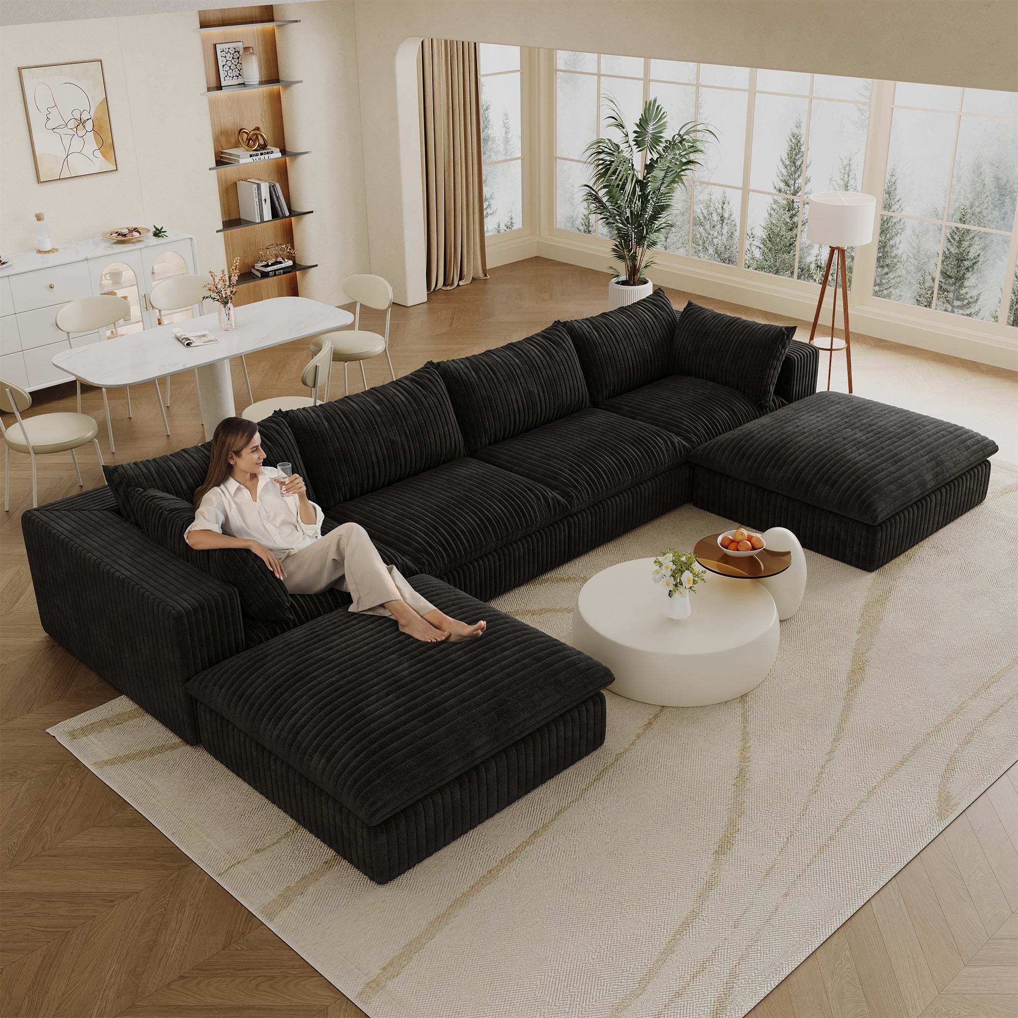 157.6Cloud Sofa,Corduroy Fabric,Deep Seat Couches,Double-layer Design,Removable  Cushion,No Assembly,DIY Combination For Living Room, Bedroom,Conference Room ,Apartment,Black