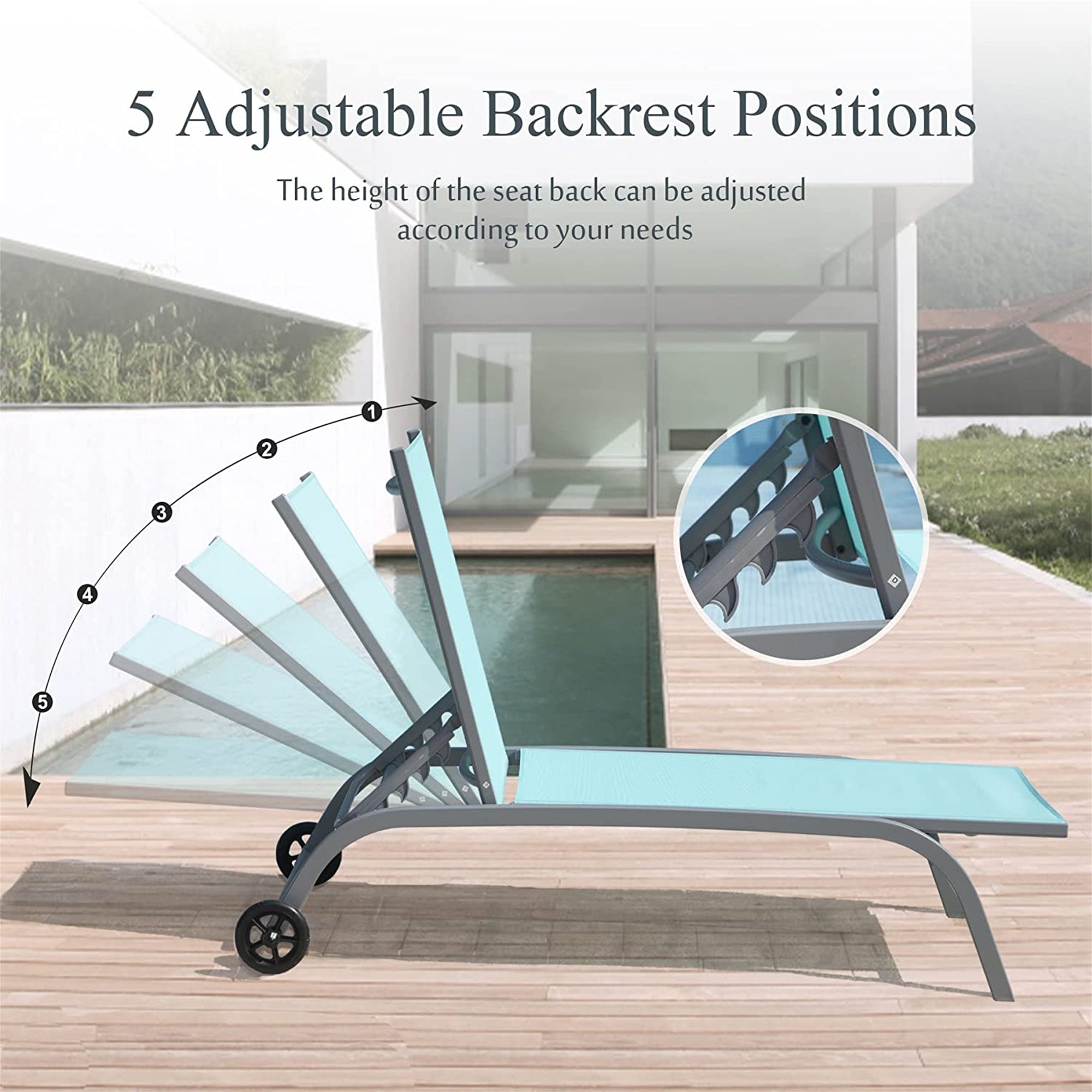 Chaise Lounge Outdoor Set Of 2, Lounge Chairs For Outside With Wheels, Outdoor Lounge Chairs With 5 Adjustable Position, Pool Lounge Chairs For Patio,Beach,Poolside Lake Blue,2 Lounge Chairs