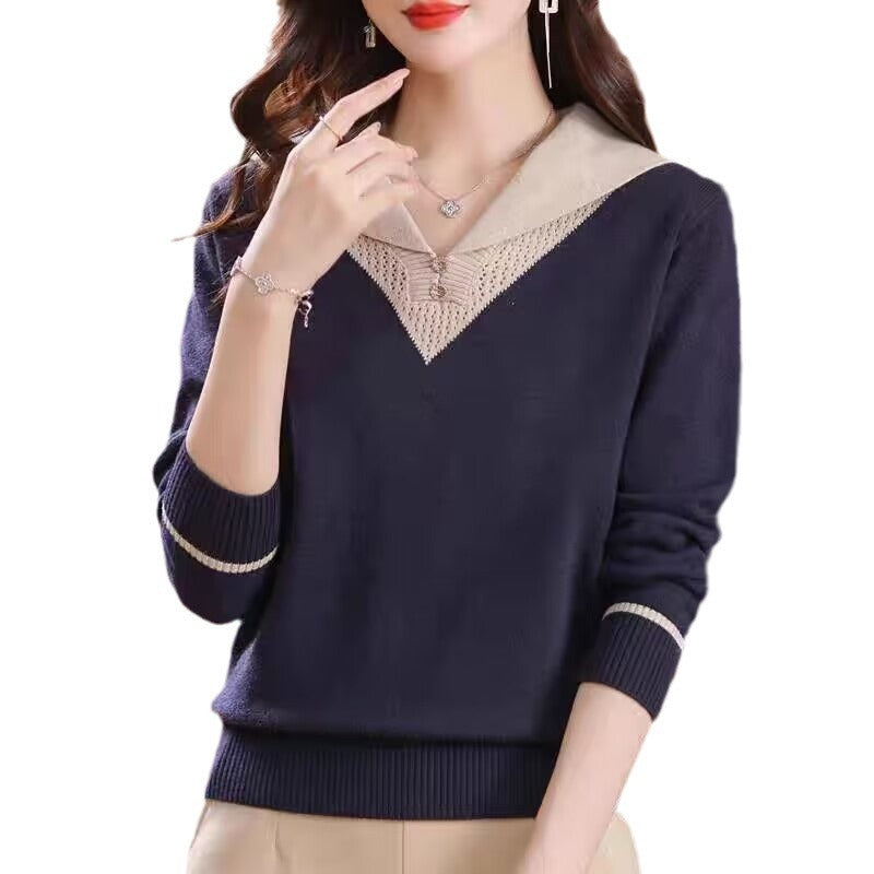 Lapel Outer Long-sleeves Knitted Pullover Sweater