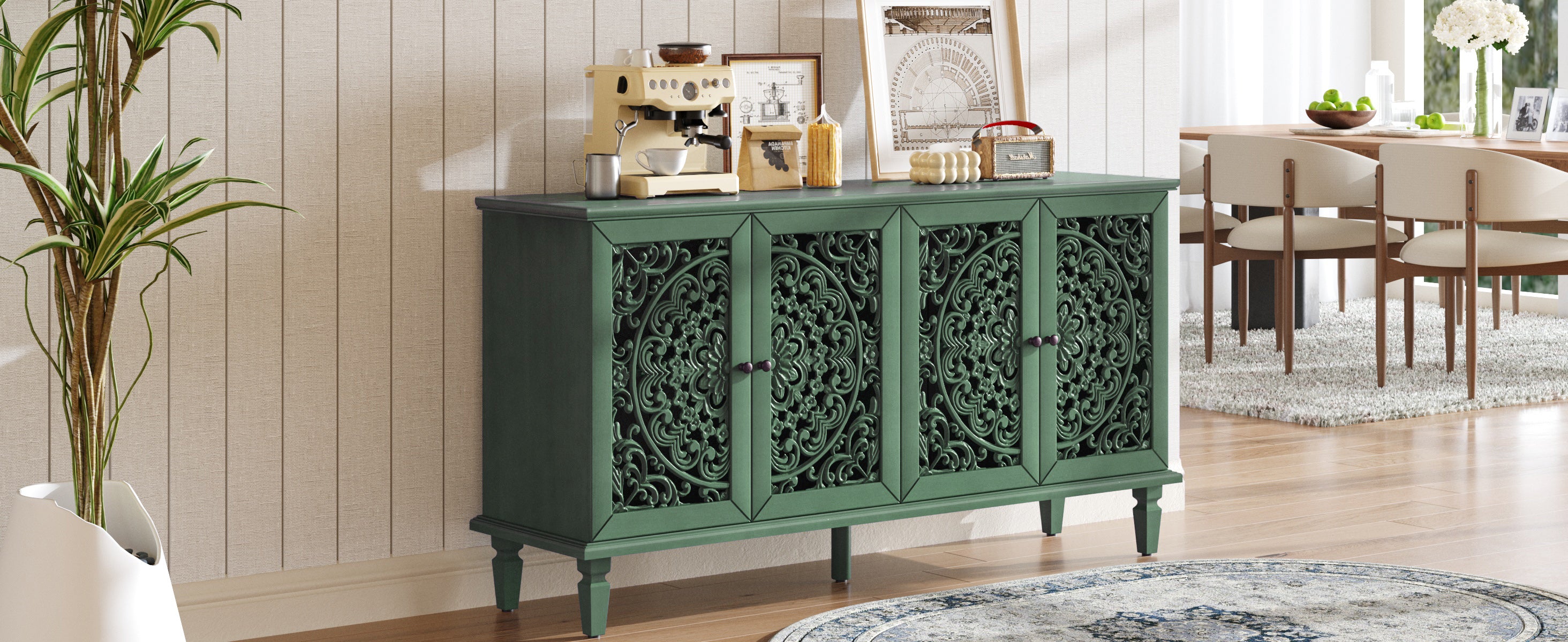 60 Antique Buffet Cabinet With Floral Carvings With Solid Wood Legs Antique Brass Handles Adjustable Shelves, TV Stand For 65  TV, Sideboard For Living Room,Dining Room Antique Green
