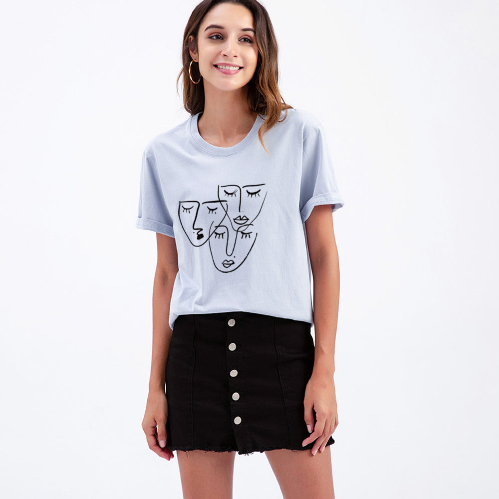 Women's Loose Printed T-shirt With Characteristic Line Face Mask