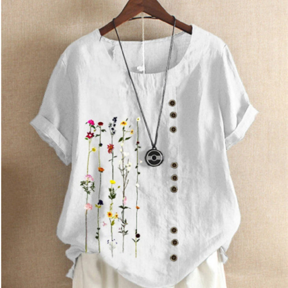 Retro Cotton And Linen Printed Loose Short-sleeved Shirt For Women