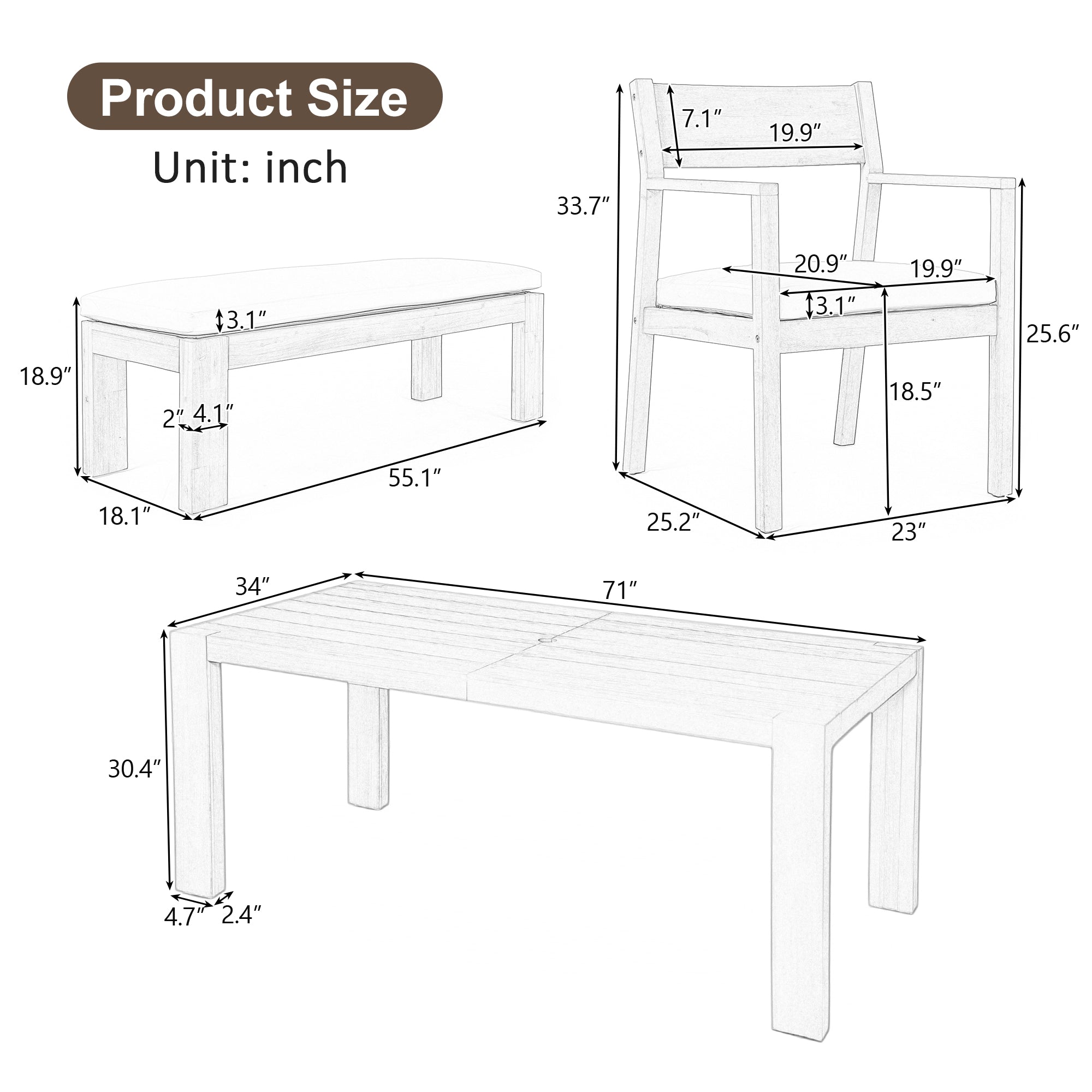 TREXM Patio Dining Table Set For 6  Outdoor Furniture Sets With Umbrella Hole  71 Rectangular Table  Chairs And Bench With Removable Cushions For Backyard  Garden  Poolside  Mocha Beige Cushion