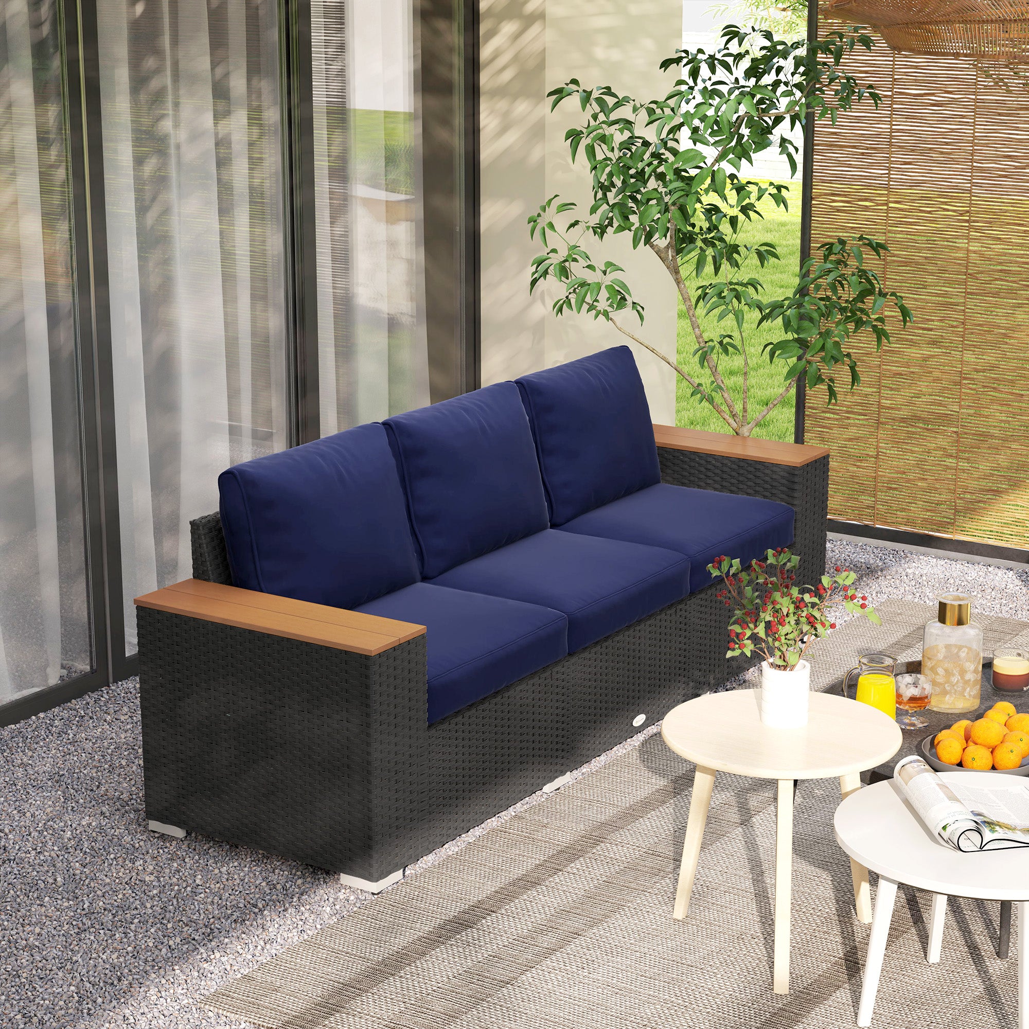 3-Seat Outdoor Patio Sofa, PE Wicker Outdoor Couch with  Extra Wide Deep Seat, Wide Armrests 4" Cushions, Navy Blue