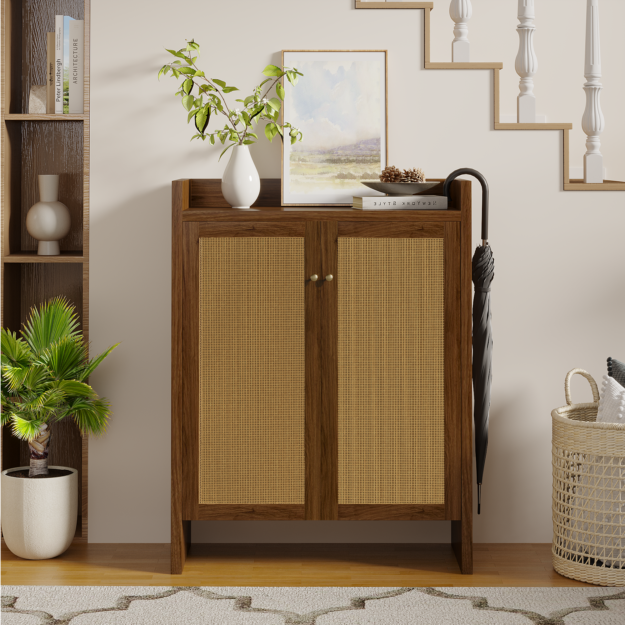 42.5 Tall Rattan Shoe Cabinet With Doors, 6-Tier Shoe Storage Cabinet With Adjustable Shelves, Wooden Freestanding Shoe Organizer Shoe Cabinet For Entryway,Hallway,Living Room Walnut