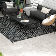 Reversible Outdoor Rug Carpet RV Camping Rugs with Carry Bag, 9' x 12', Black & Gray Geometric
