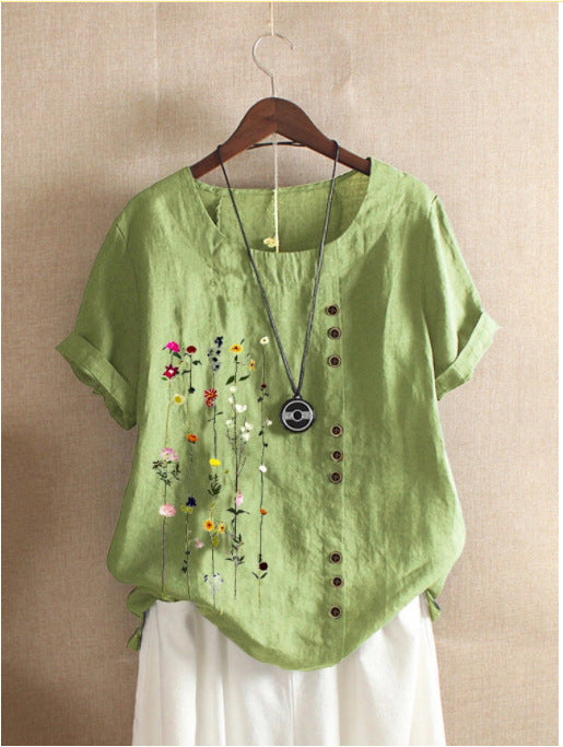 Retro Cotton And Linen Printed Loose Short-sleeved Shirt For Women